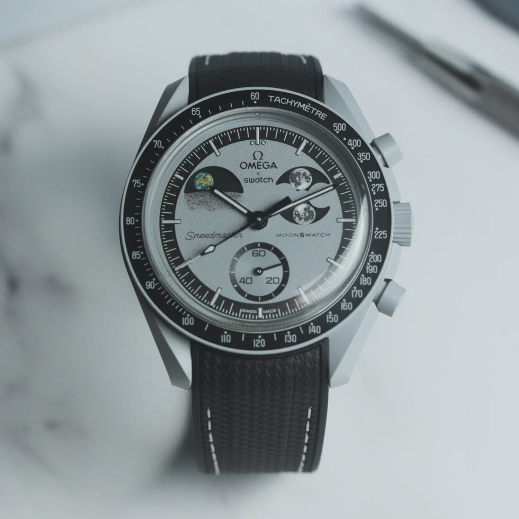 Rubber Strap - For MoonSwatch Mission To EarthPhase - Black w/White - Helvetus