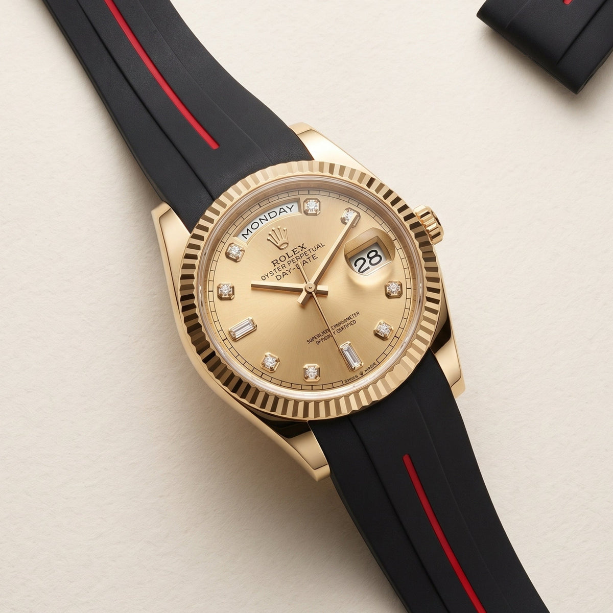 Rubber Strap - For Rolex Day-Date 36mm - Black w/Red Line | LuxLine® - Helvetus