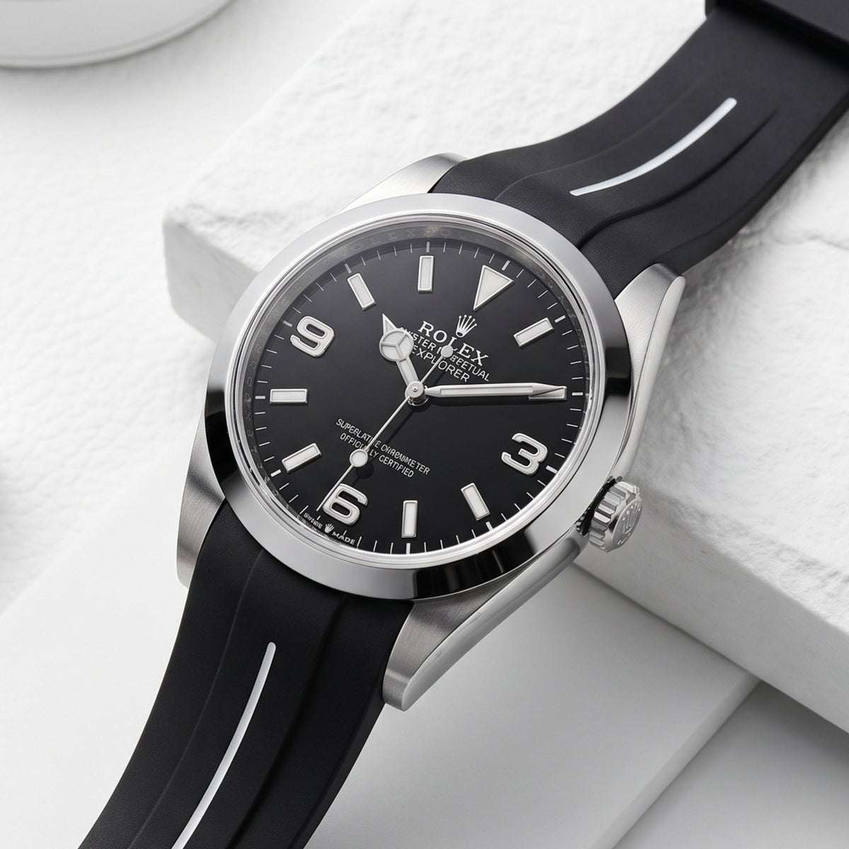 Rubber Strap - For Rolex Explorer I - Black w/White Line | LuxLine® - Helvetus
