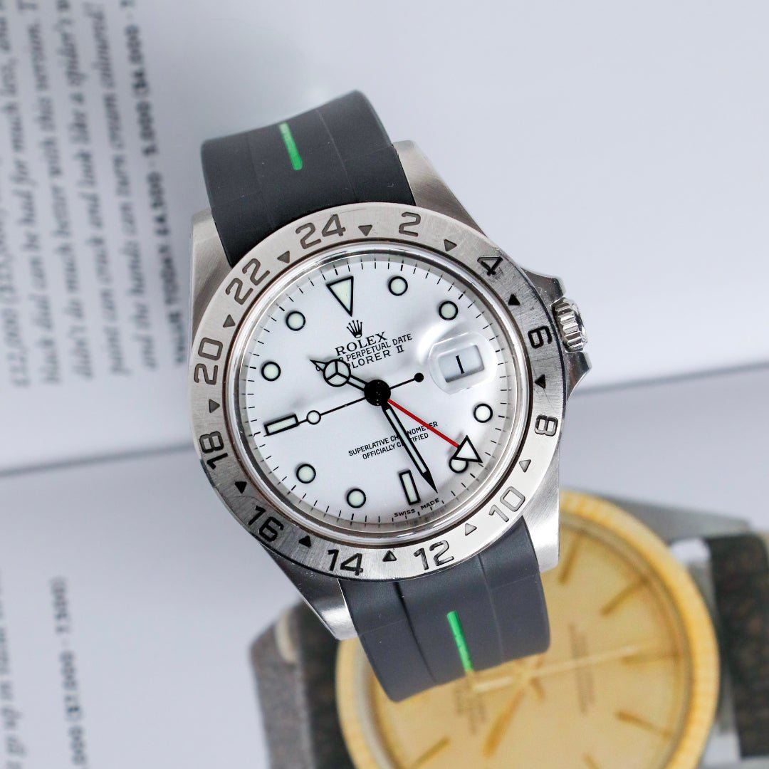 Rubber Strap - For Rolex Explorer II - Black w/Green Line | LuxLine® - Helvetus