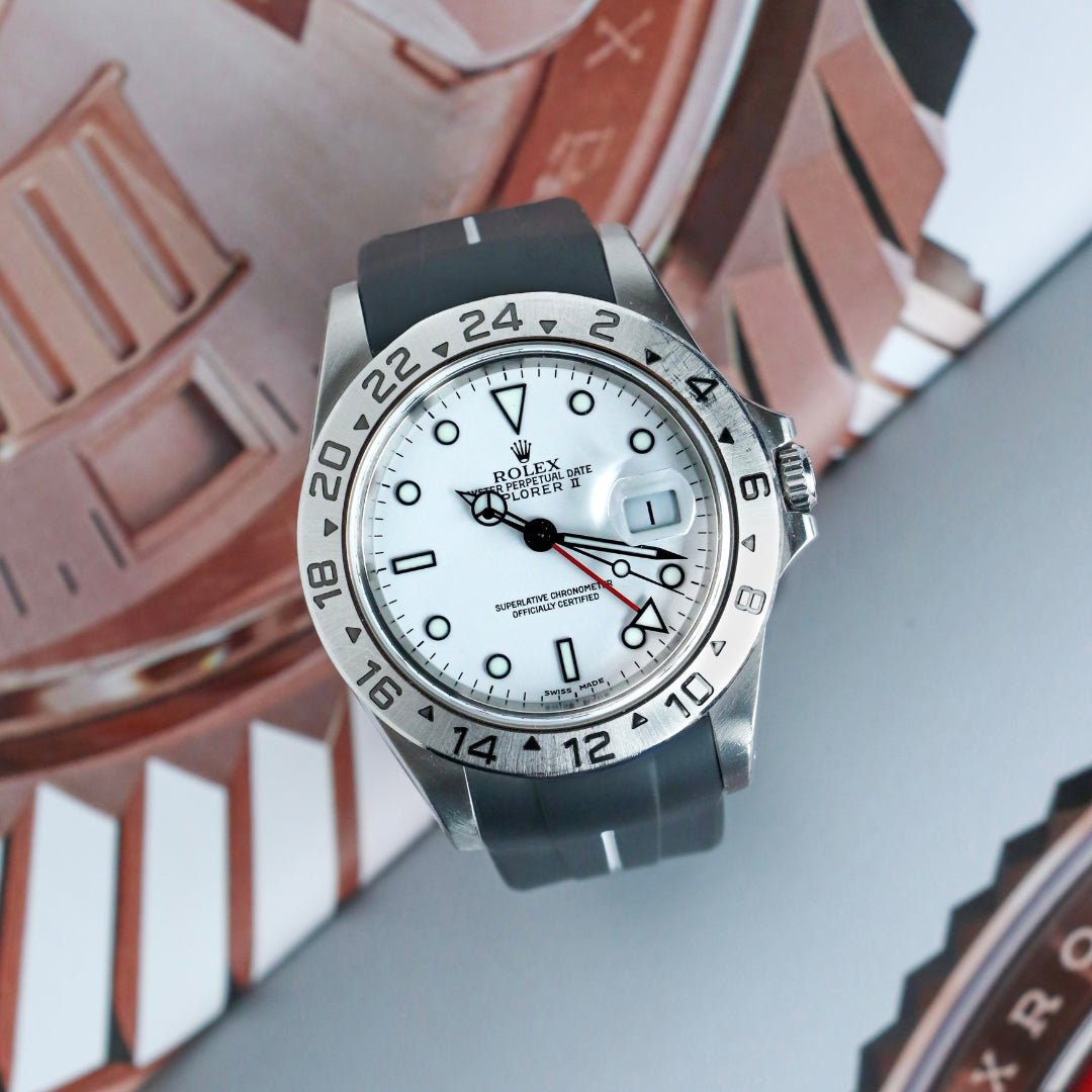 Rubber Strap - For Rolex Explorer II - Black w/White Line | LuxLine® - Helvetus