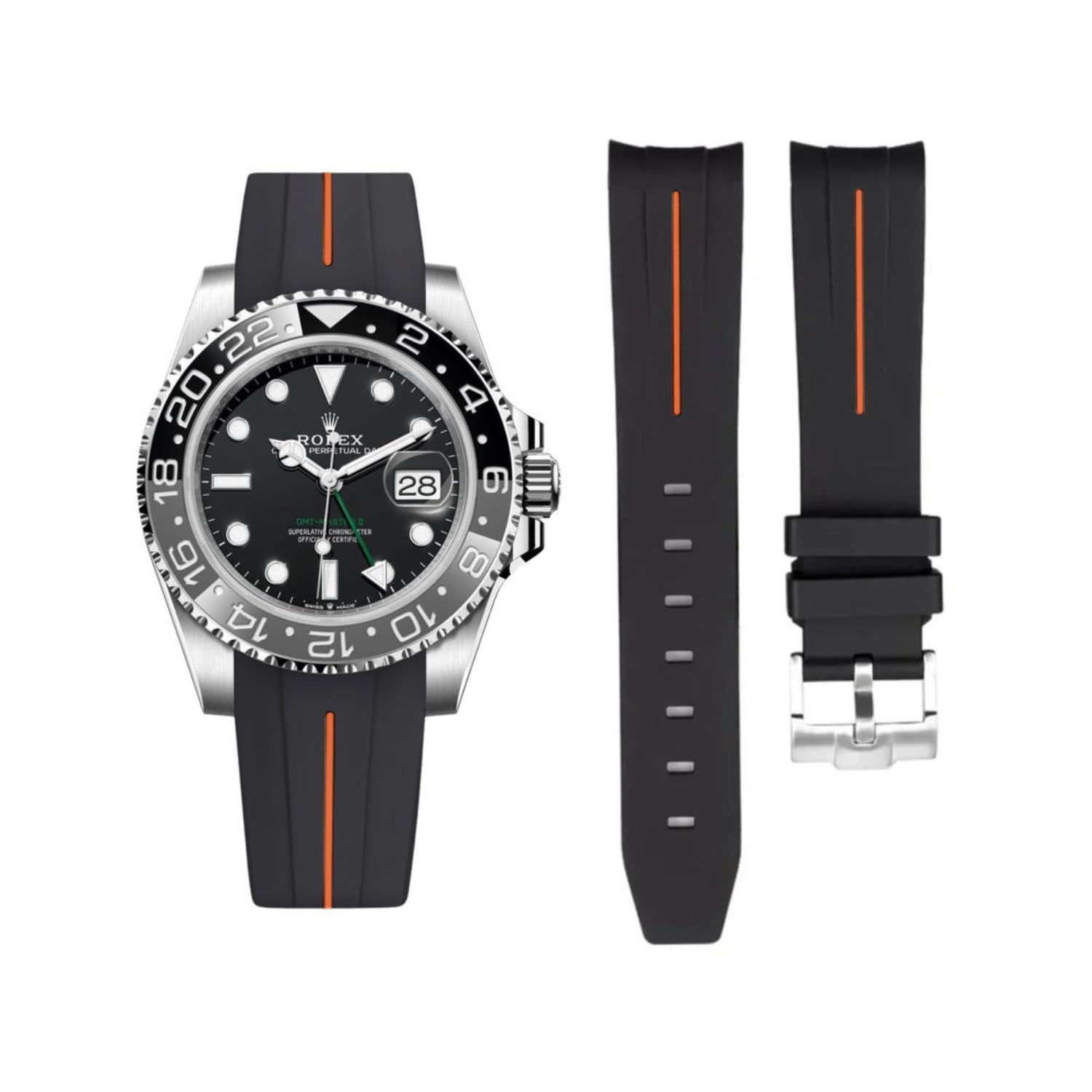 Rubber Strap - For Rolex GMT - Master II - Black w/Orange Line | LuxLine® - Helvetus