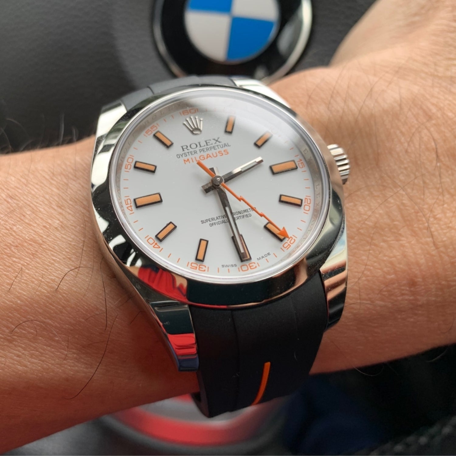 Rubber Strap - For Rolex Milgauss - Black w/Orange Line | LuxLine® - Helvetus
