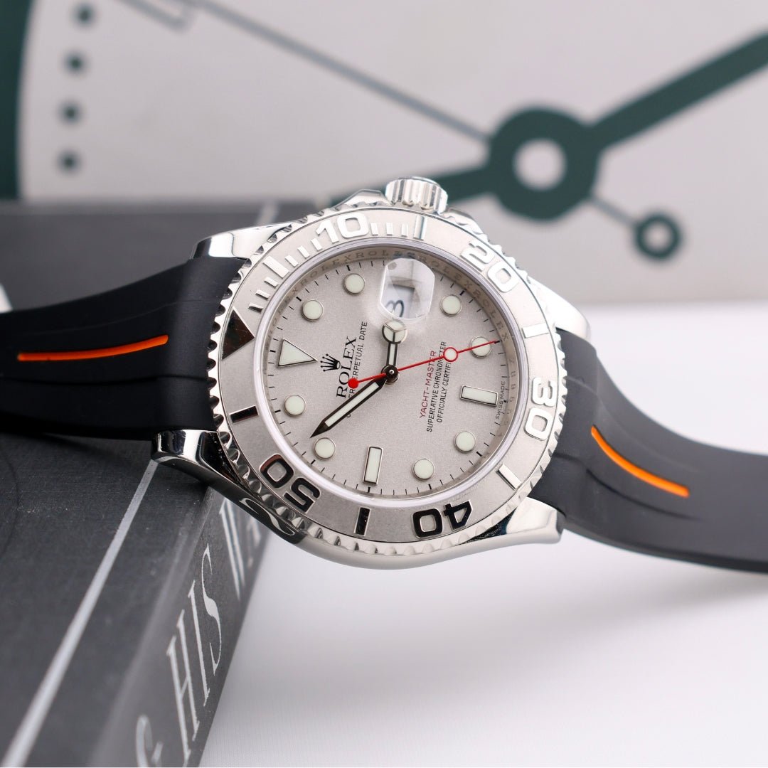 Rubber Strap - For Rolex Yacht - Master 40mm/42mm - Black w/Orange Line | LuxLine® - Helvetus