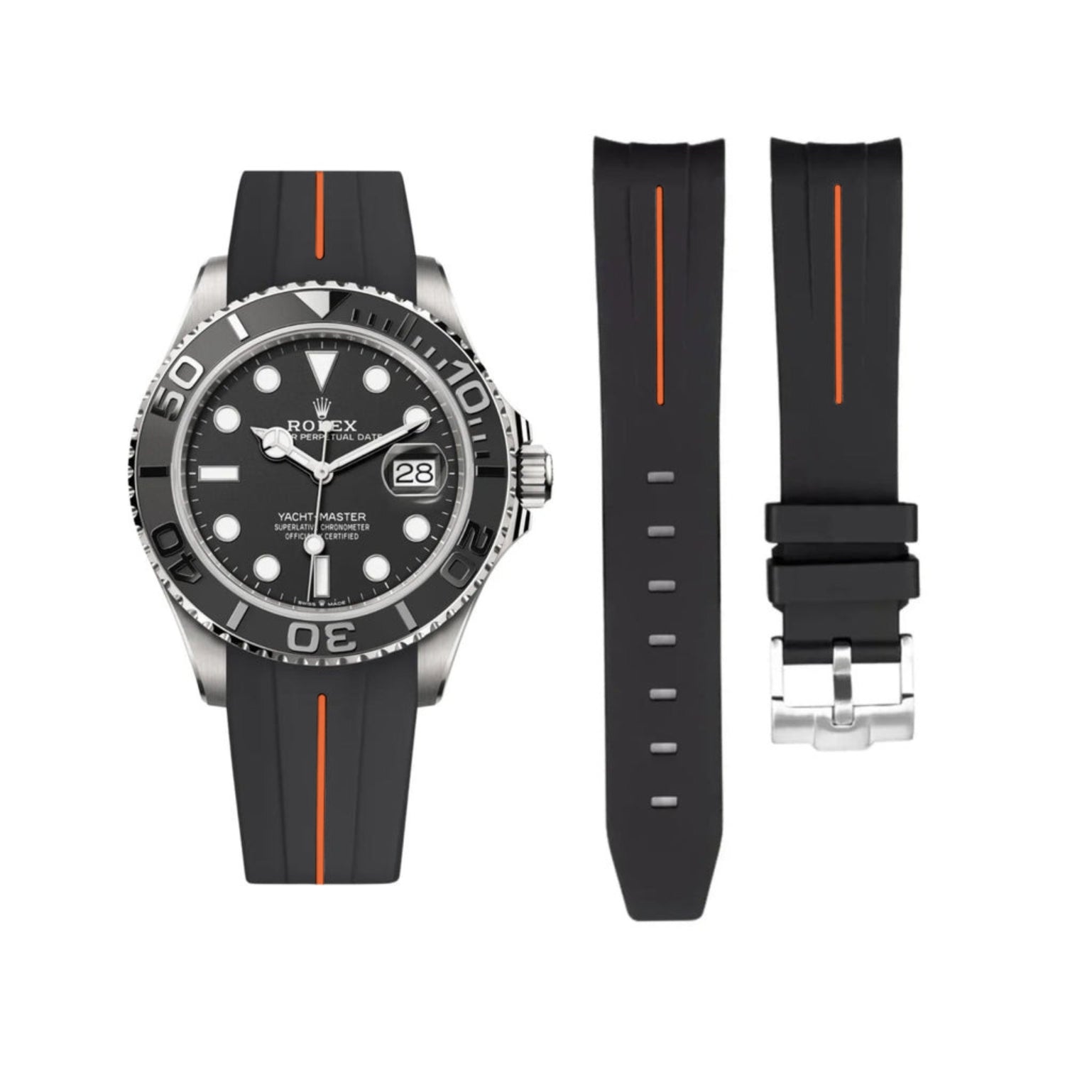 Rubber Strap - For Rolex Yacht - Master 40mm/42mm - Black w/Orange Line | LuxLine® - Helvetus