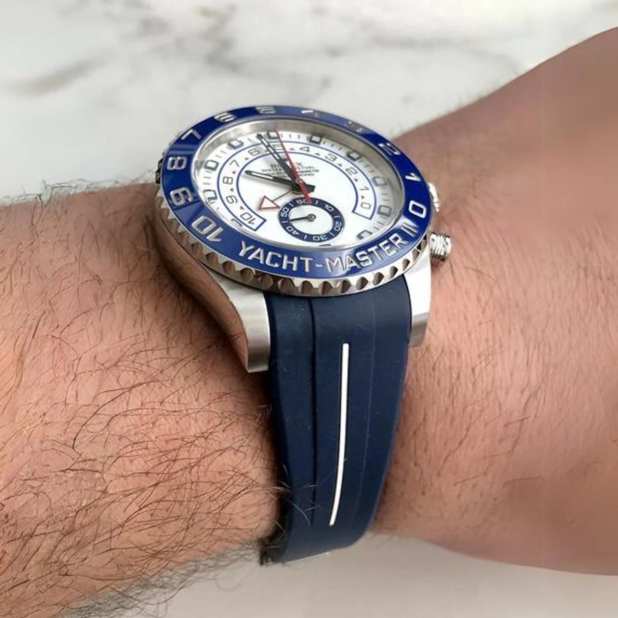 Rubber Strap - For Rolex Yacht - Master II 44mm - Navy Blue w/White Line | LuxLine® - Helvetus