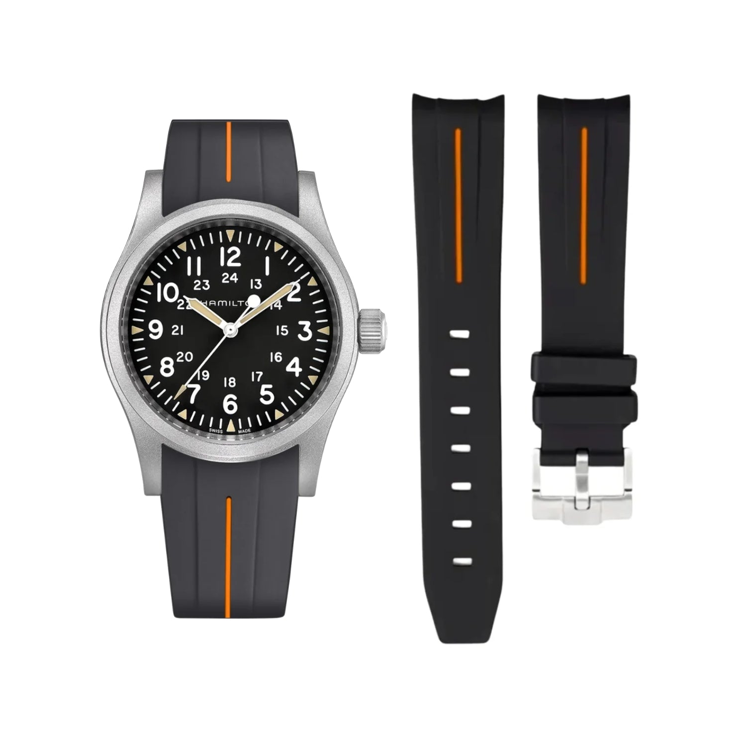 Rubber Strap – For Hamilton Khaki Field - Black with Orange LuxLine®