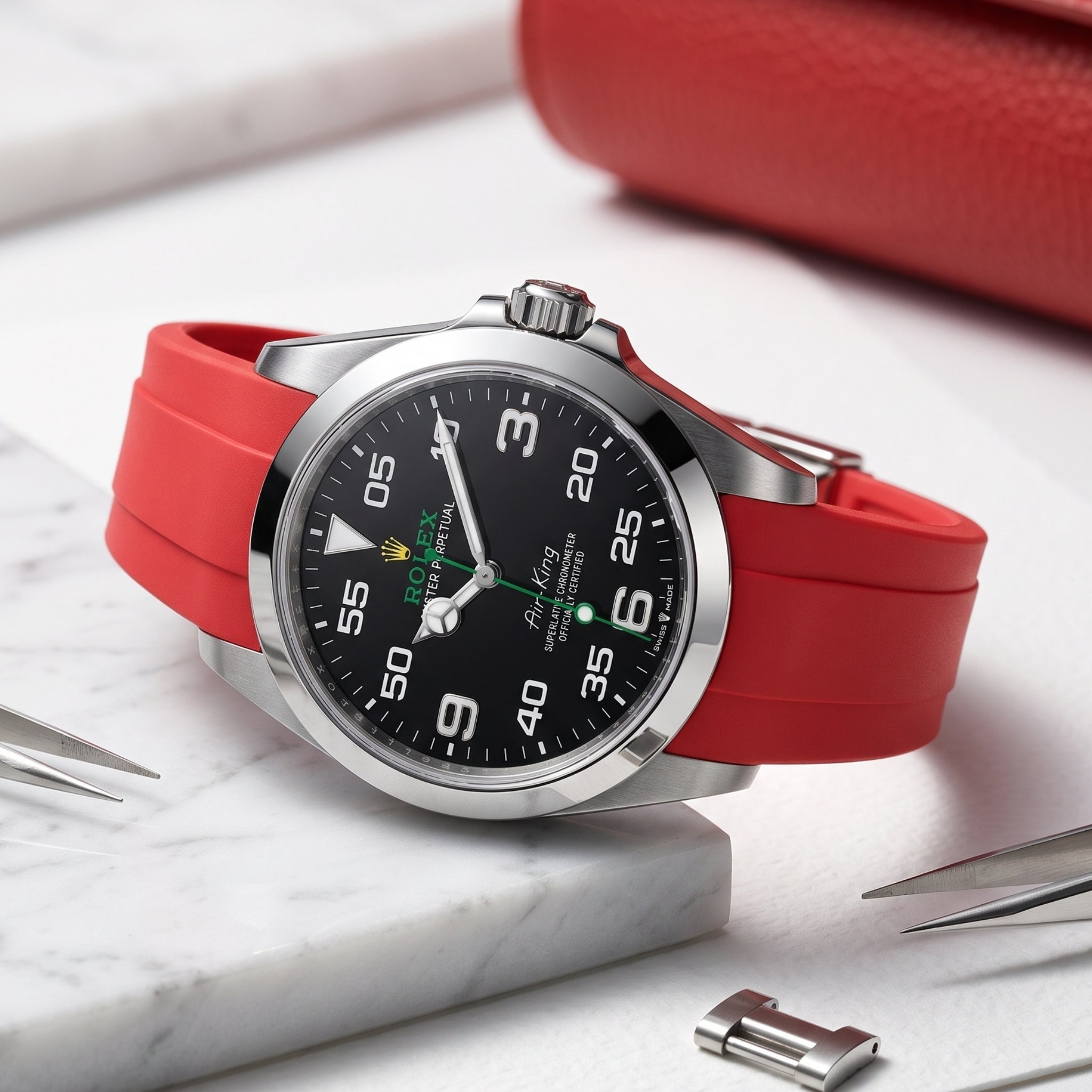 Deployant Rubber Strap - For Rolex Air-King 126900/116900 - Red - Helvetus