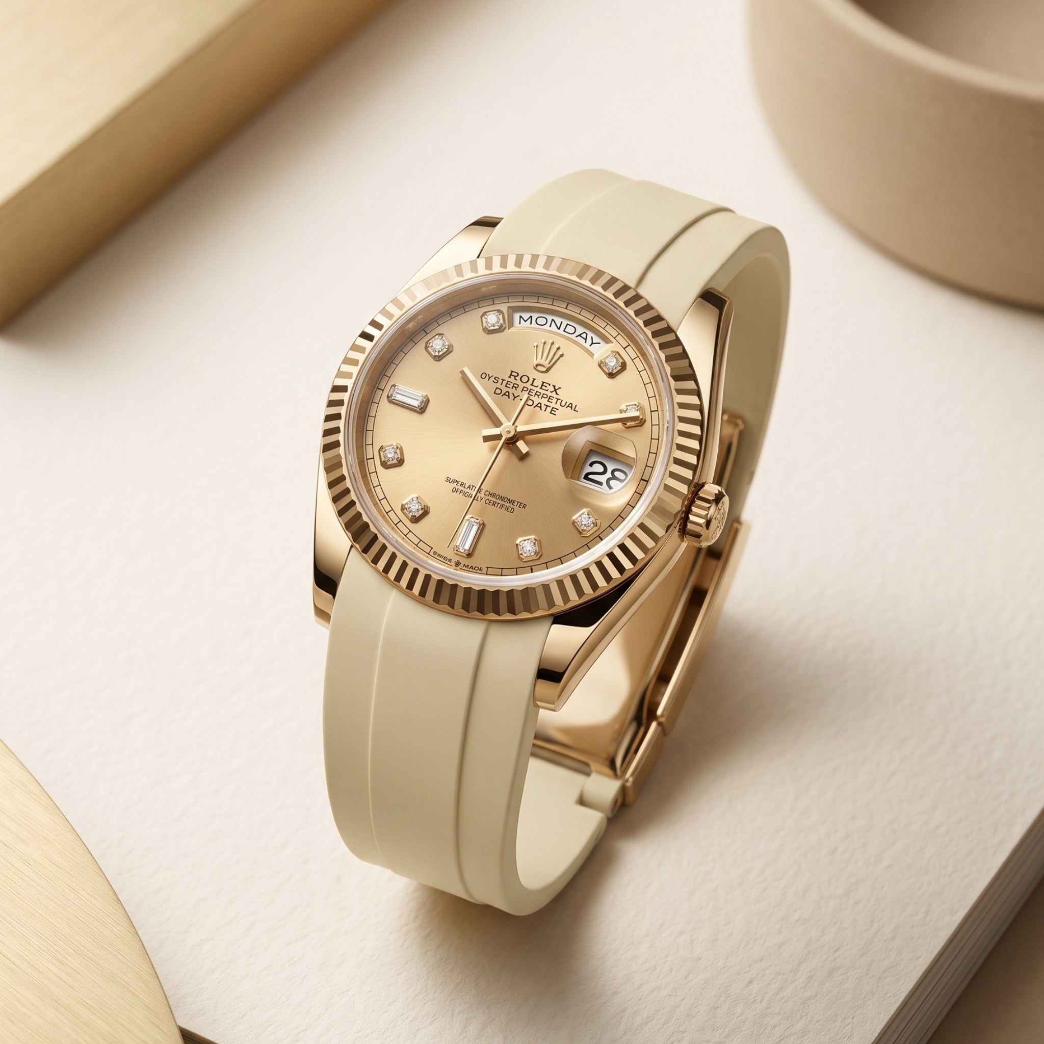 Deployant Rubber Strap - For Rolex Day-Date 36mm - Beige - Helvetus