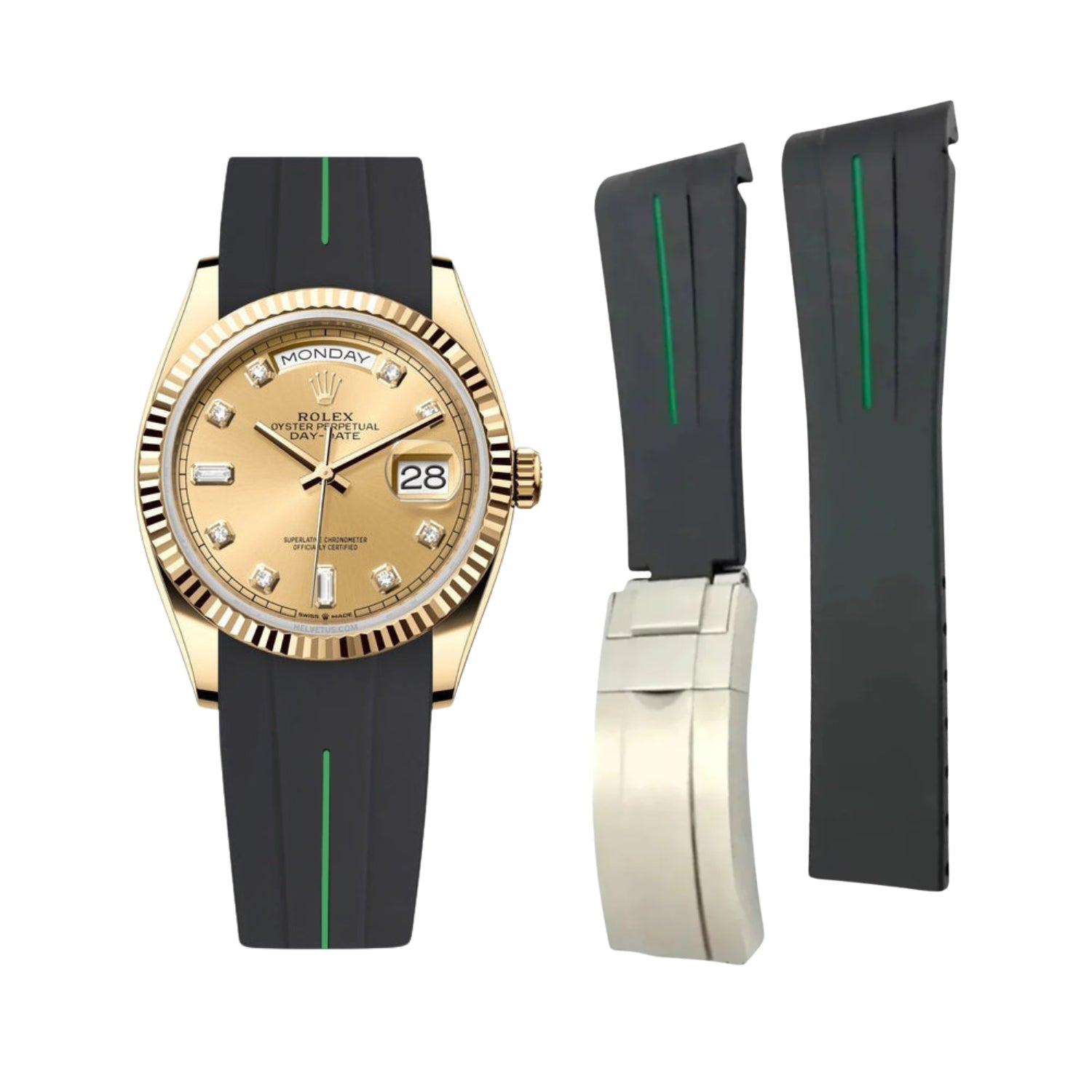 Deployant Rubber Strap - For Rolex Day - Date 36mm - Black w/Green Line | LuxLine® - Helvetus