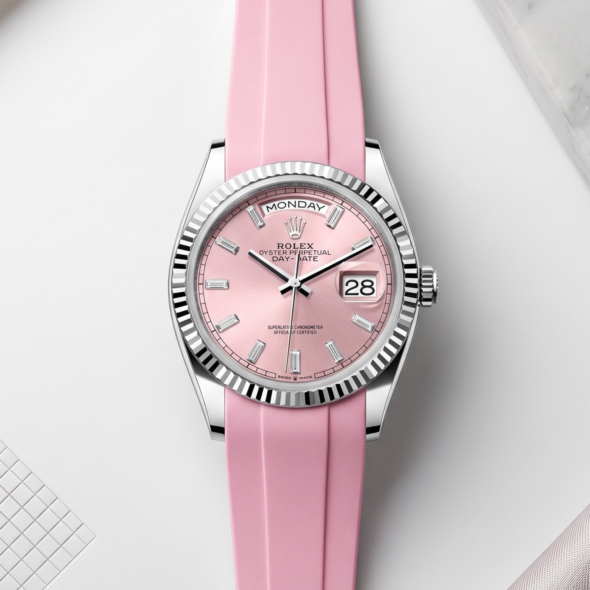 Deployant Rubber Strap - For Rolex Day-Date 36mm - Pink - Helvetus