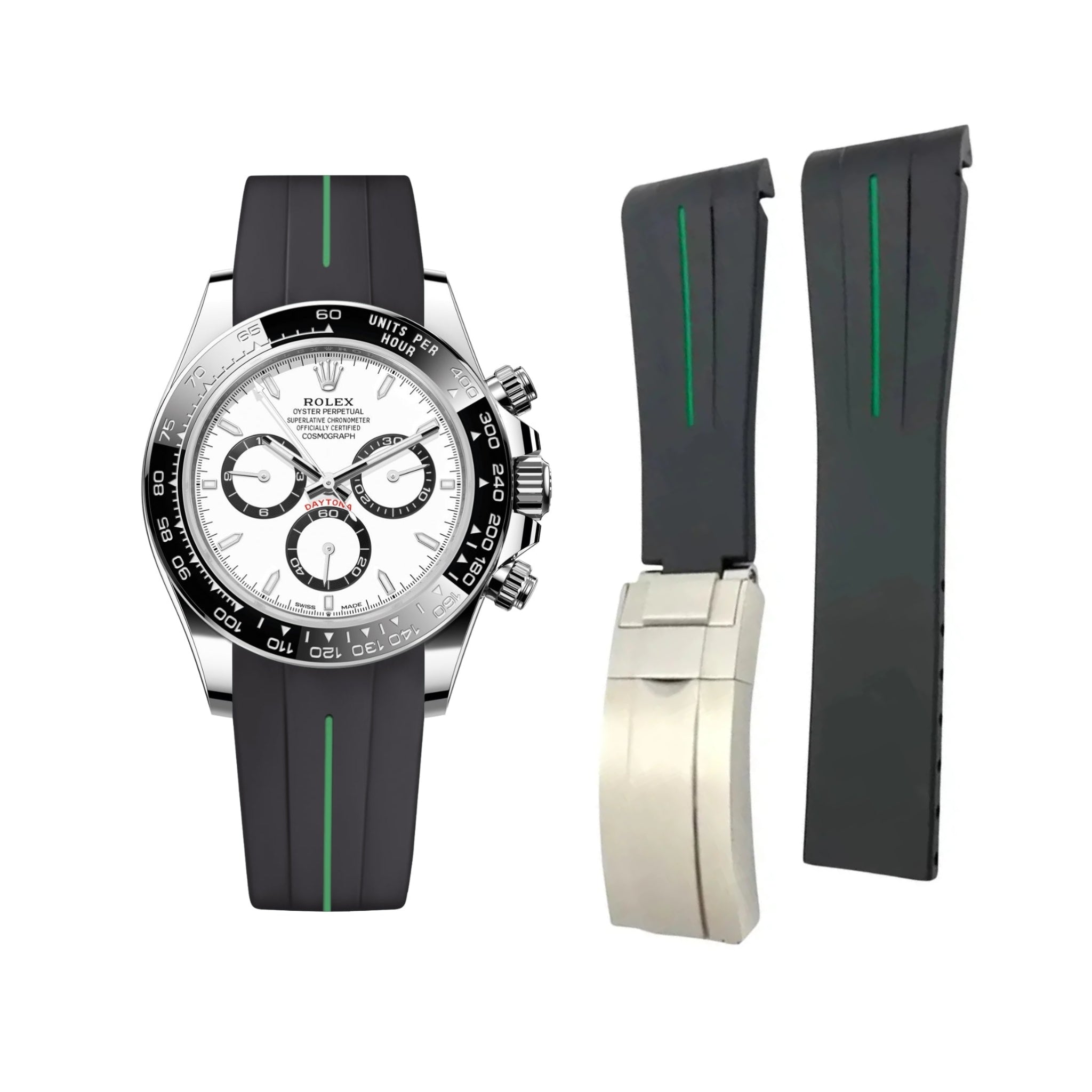 Deployant Rubber Strap - For Rolex Daytona - Black w/Green Line | LuxLine® - Helvetus