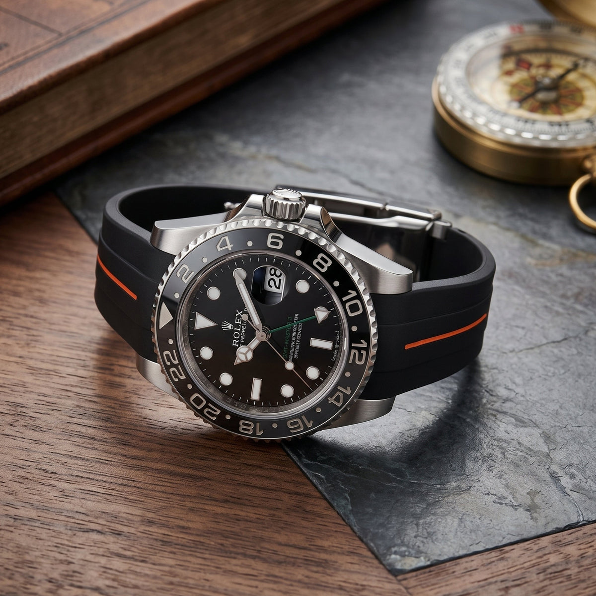 Deployant Rubber Strap - For Rolex GMT-Master II - Black w/Orange Line | LuxLine® - Helvetus