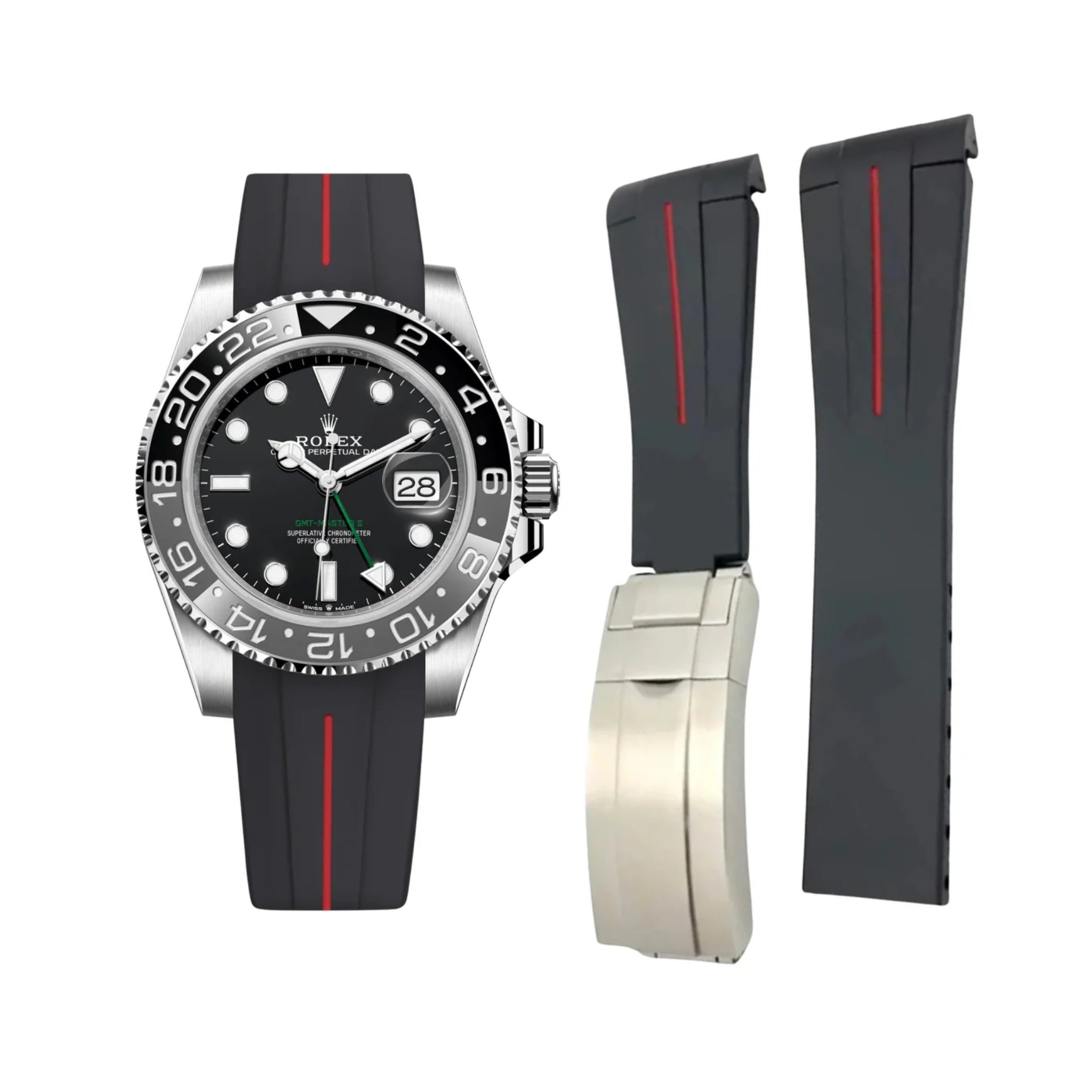 Deployant Rubber Strap - For Rolex GMT - Master II - Black w/Red Line | LuxLine® - Helvetus