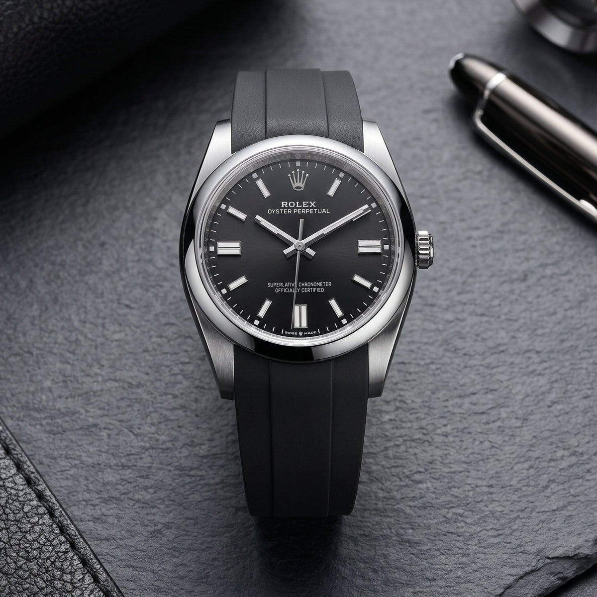 Deployant Rubber Strap - For Rolex Oyster Perpetual 36mm - Black - Helvetus