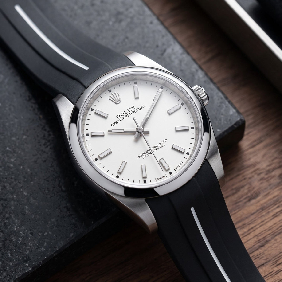 Deployant Rubber Strap - For Rolex Oyster Perpetual 39mm - Black w/White Line | LuxLine® - Helvetus