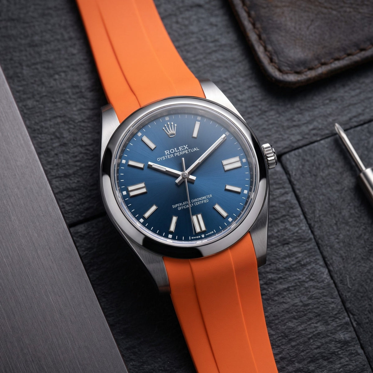 Deployant Rubber Strap - For Rolex Oyster Perpetual 41mm - Orange - Helvetus