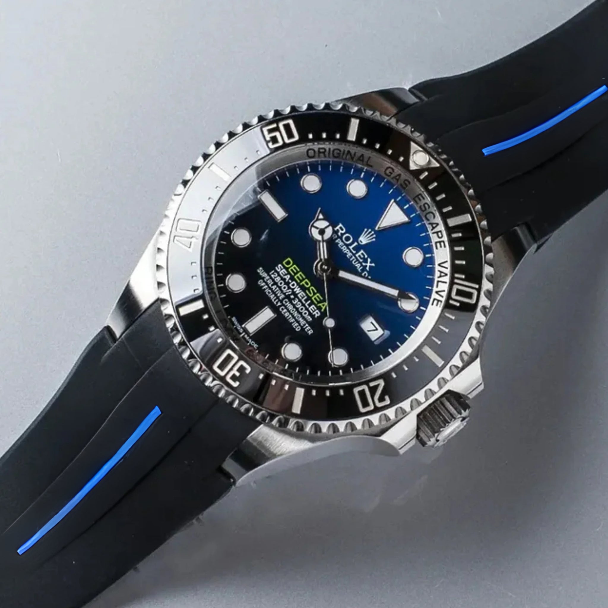 Deployant Rubber Strap - For Rolex Sea - Dweller Deepsea - Black w/Blue Line | LuxLine® - Helvetus
