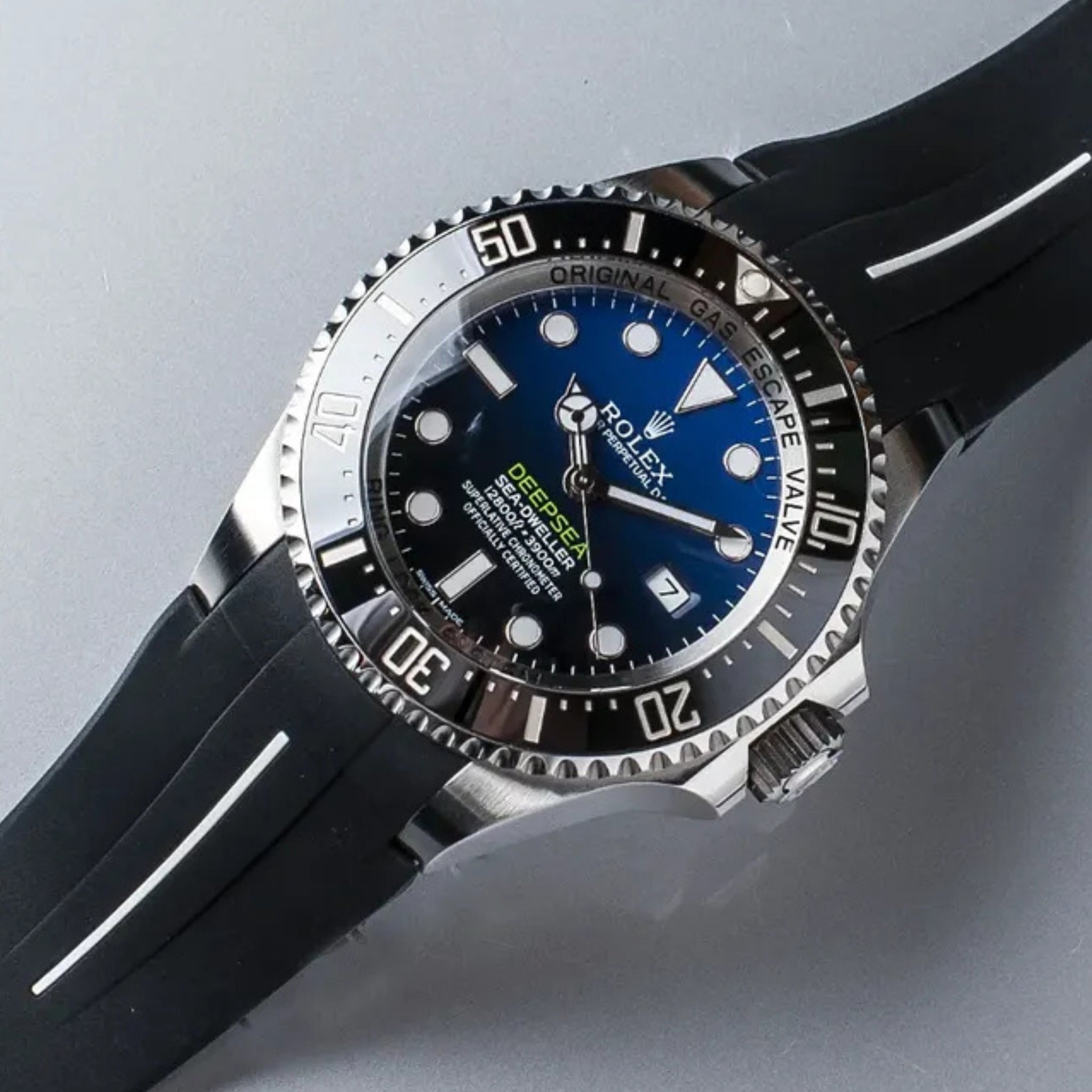 Deployant Rubber Strap - For Rolex Sea - Dweller Deepsea - Black w/White Line | LuxLine® - Helvetus