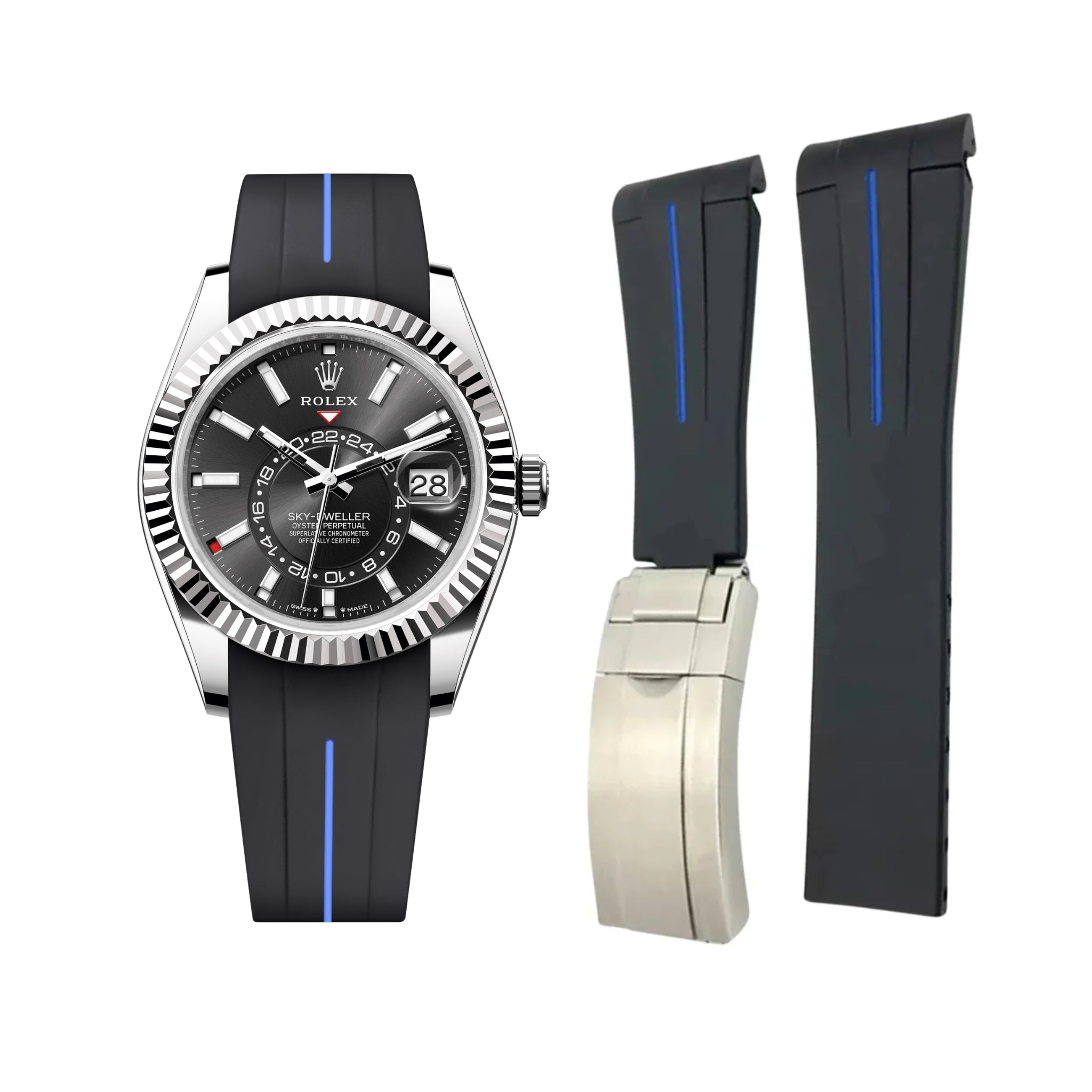 Deployant Rubber Strap - For Rolex Sky - Dweller - Black w/Blue Line | LuxLine® - Helvetus