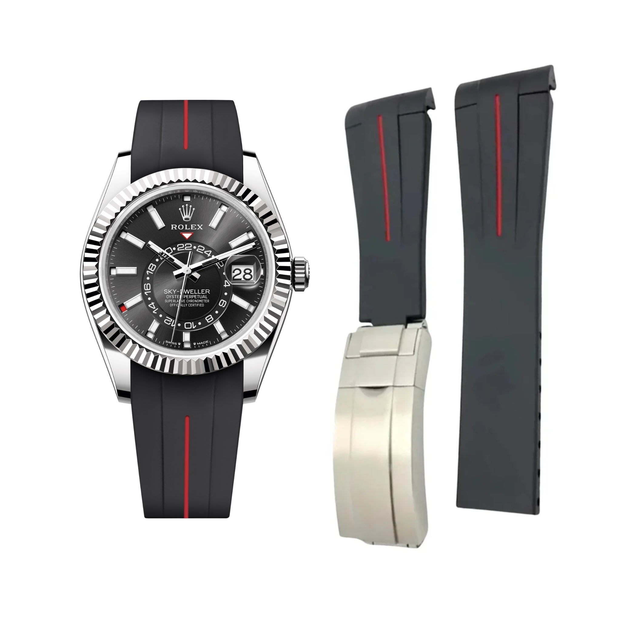 Deployant Rubber Strap - For Rolex Sky - Dweller - Black w/Red Line | LuxLine® - Helvetus