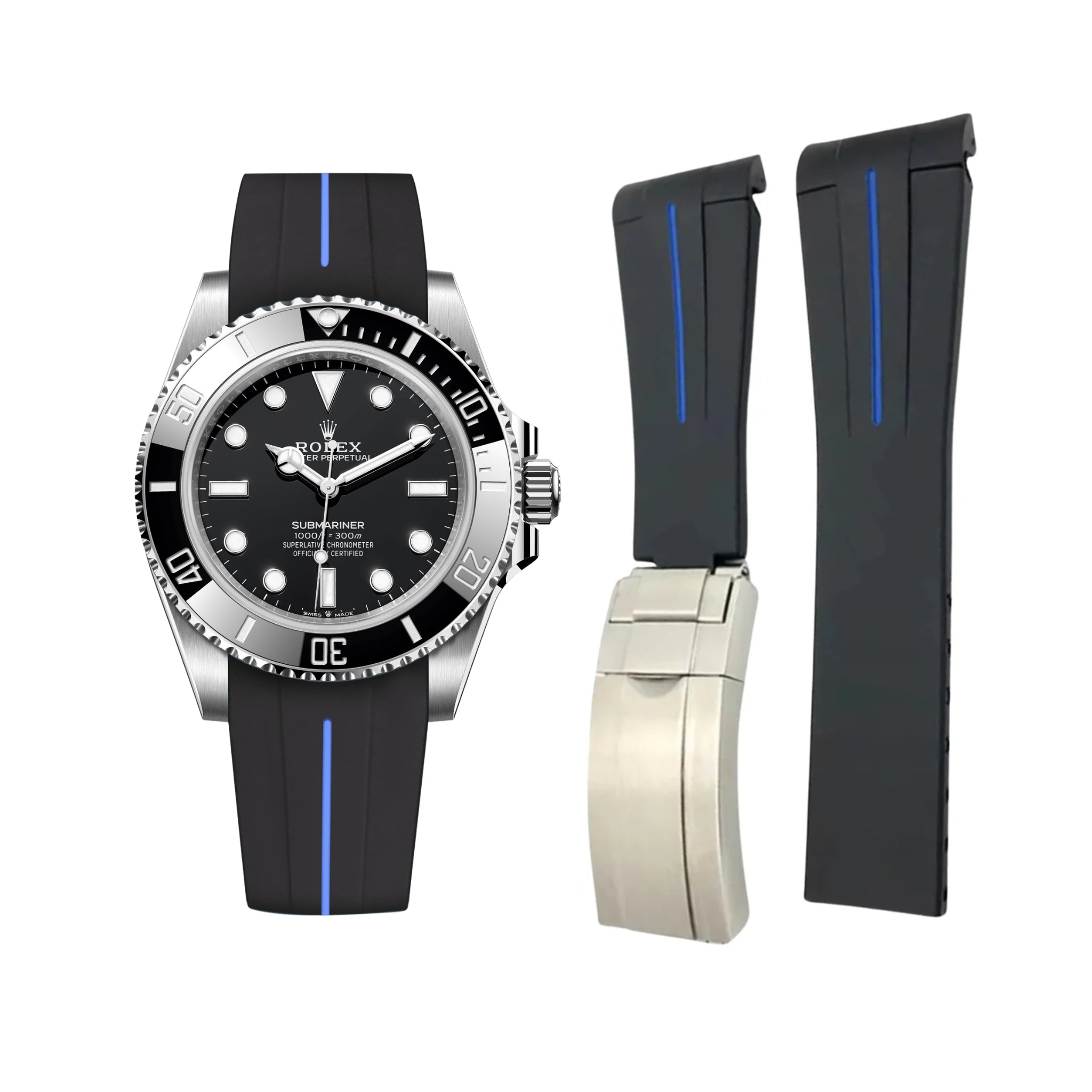 Deployant Rubber Strap - For Rolex Submariner - Black w/Blue Line | LuxLine® - Helvetus