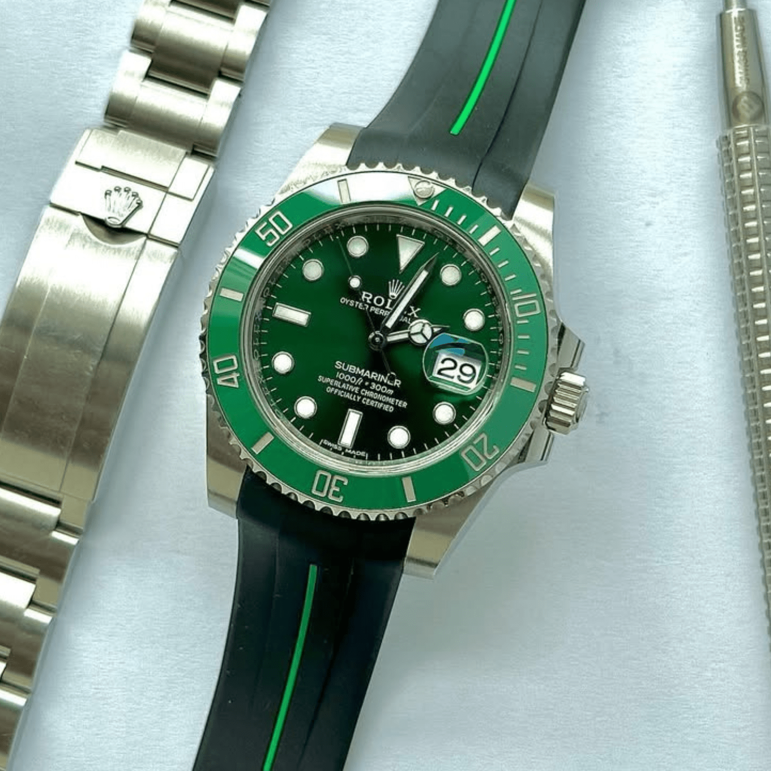 Deployant Rubber Strap - For Rolex Submariner - Black w/Green Line | LuxLine® - Helvetus