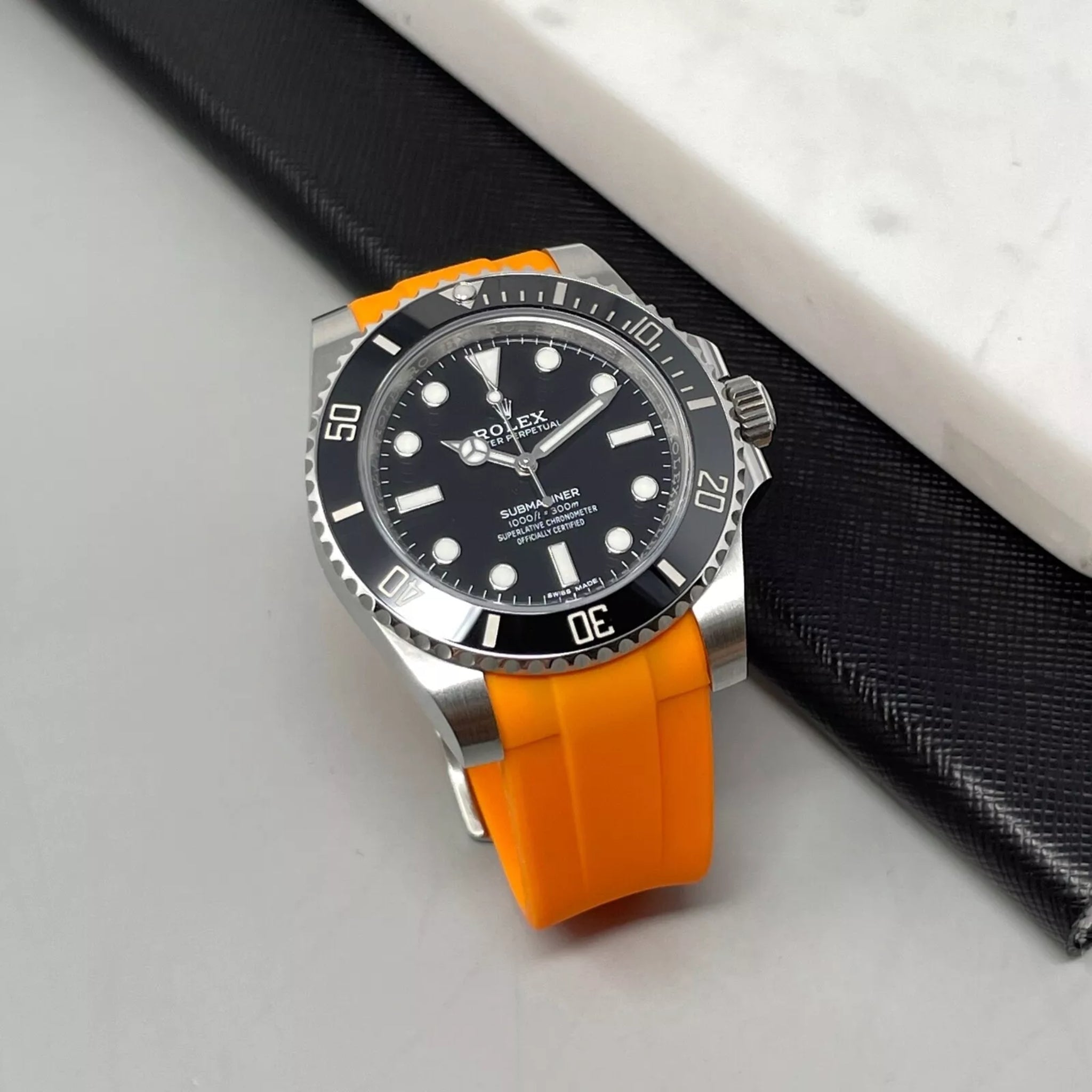 Brasport SA Everest Bands Curved End Rubber Strap for Rolex Submariner 41mm with Tang Buckle 2020 Release Orange Rubber