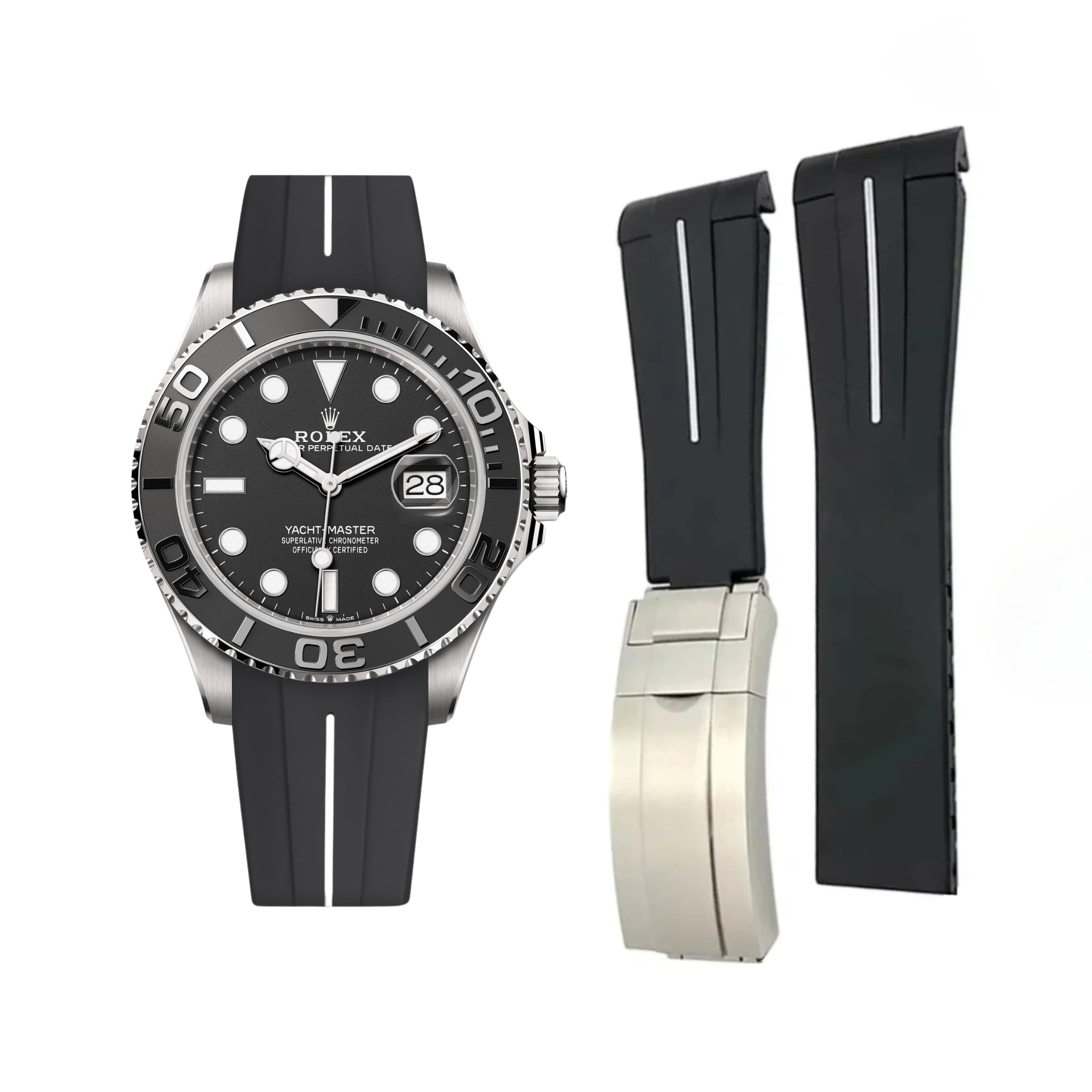 Deployant Rubber Strap - For Rolex Yacht - Master - Black w/White Line | LuxLine® - Helvetus