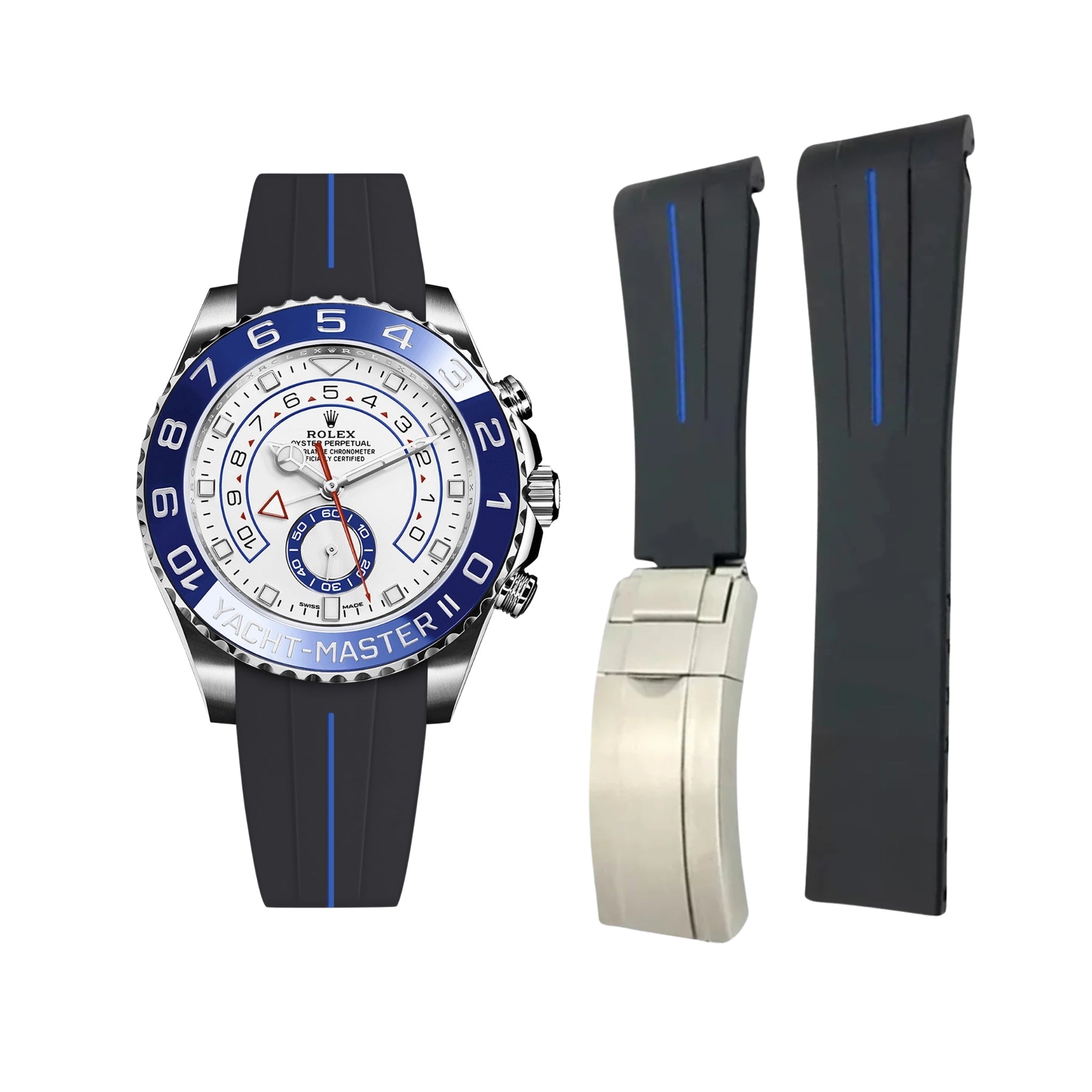 Deployant Rubber Strap - For Rolex Yacht - Master II 44mm - Black w/Blue Line | LuxLine® - Helvetus
