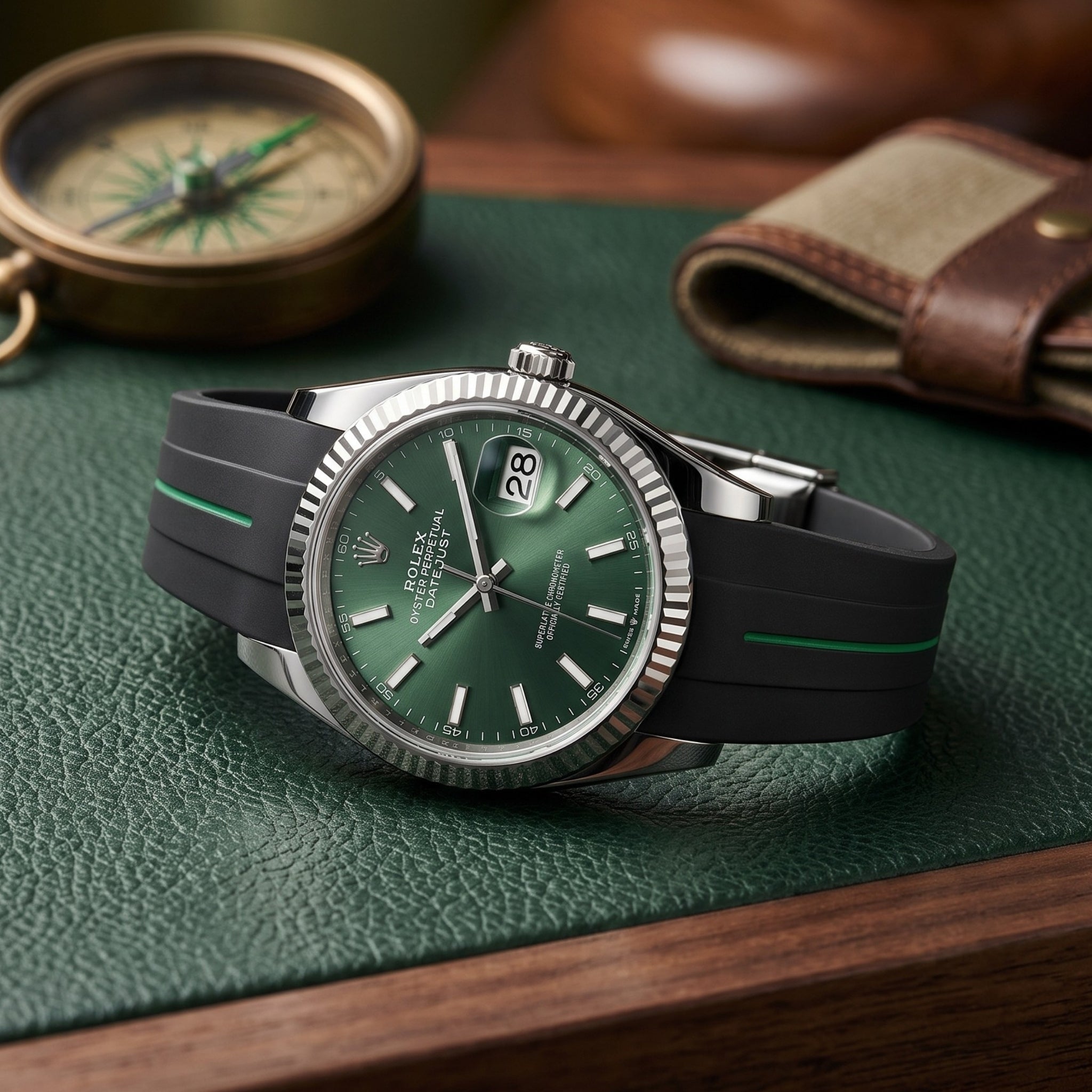 Deployant Strap - For Rolex Datejust 36 - Black w/Green Line | LuxLine® - Helvetus