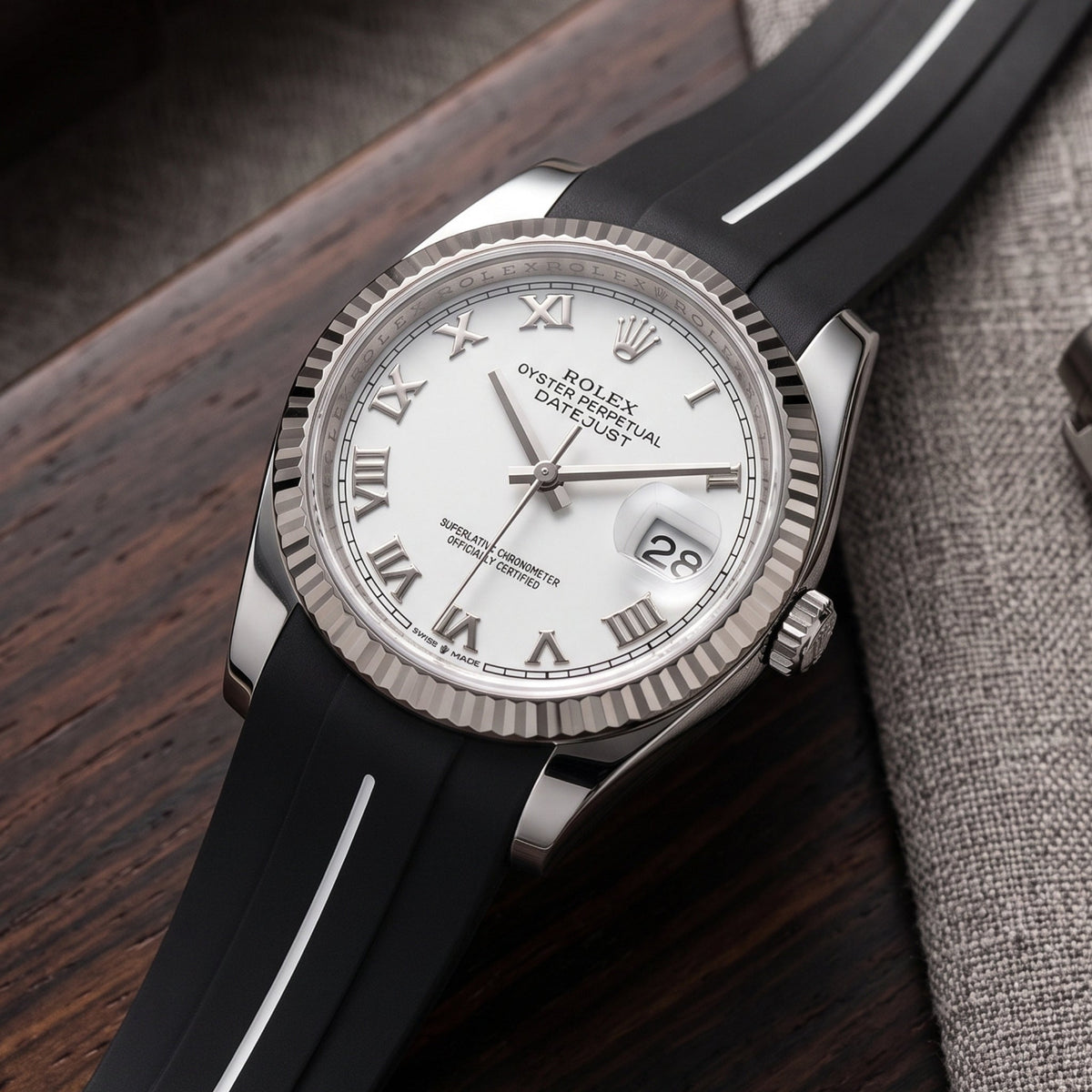 Deployant Strap - For Rolex Datejust 36 - Black w/White Line | LuxLine® - Helvetus