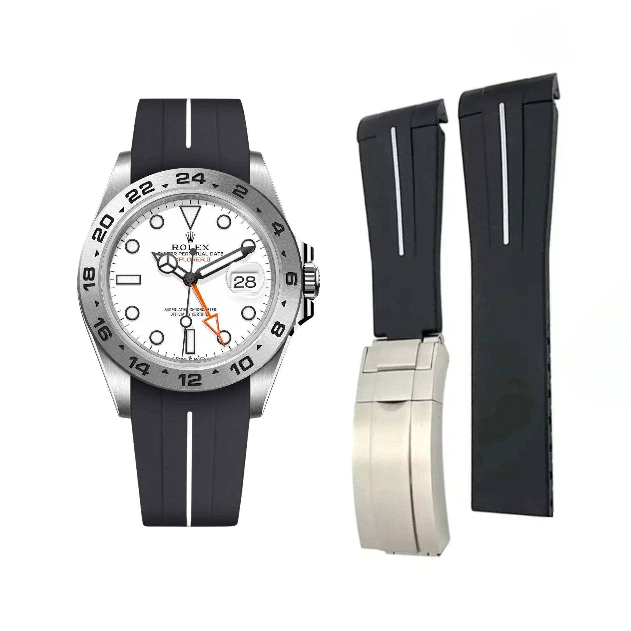 Deployant Strap - For Rolex Explorer II - Black w/White Line | LuxLine® - Helvetus