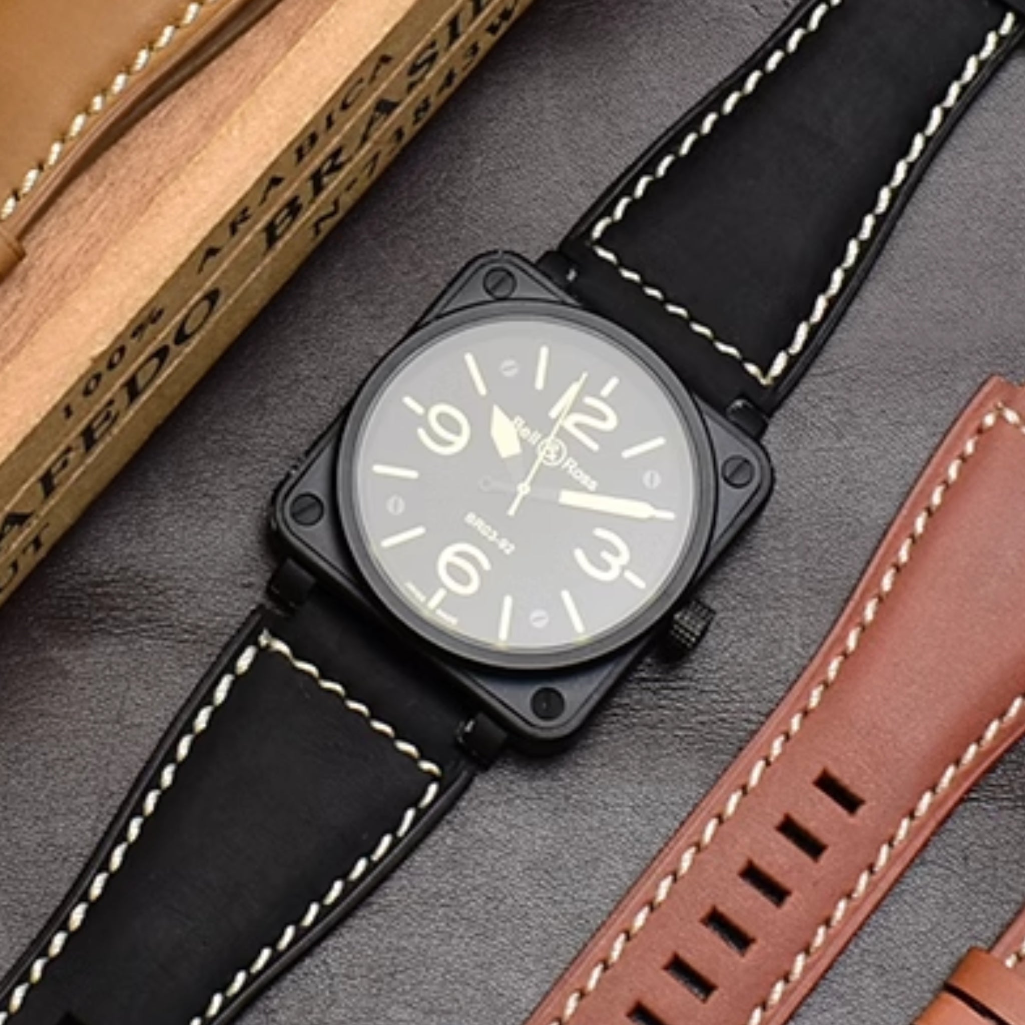 Leather Strap - For Bell & Ross BR - 01 | BR - 03 - Black - Helvetus