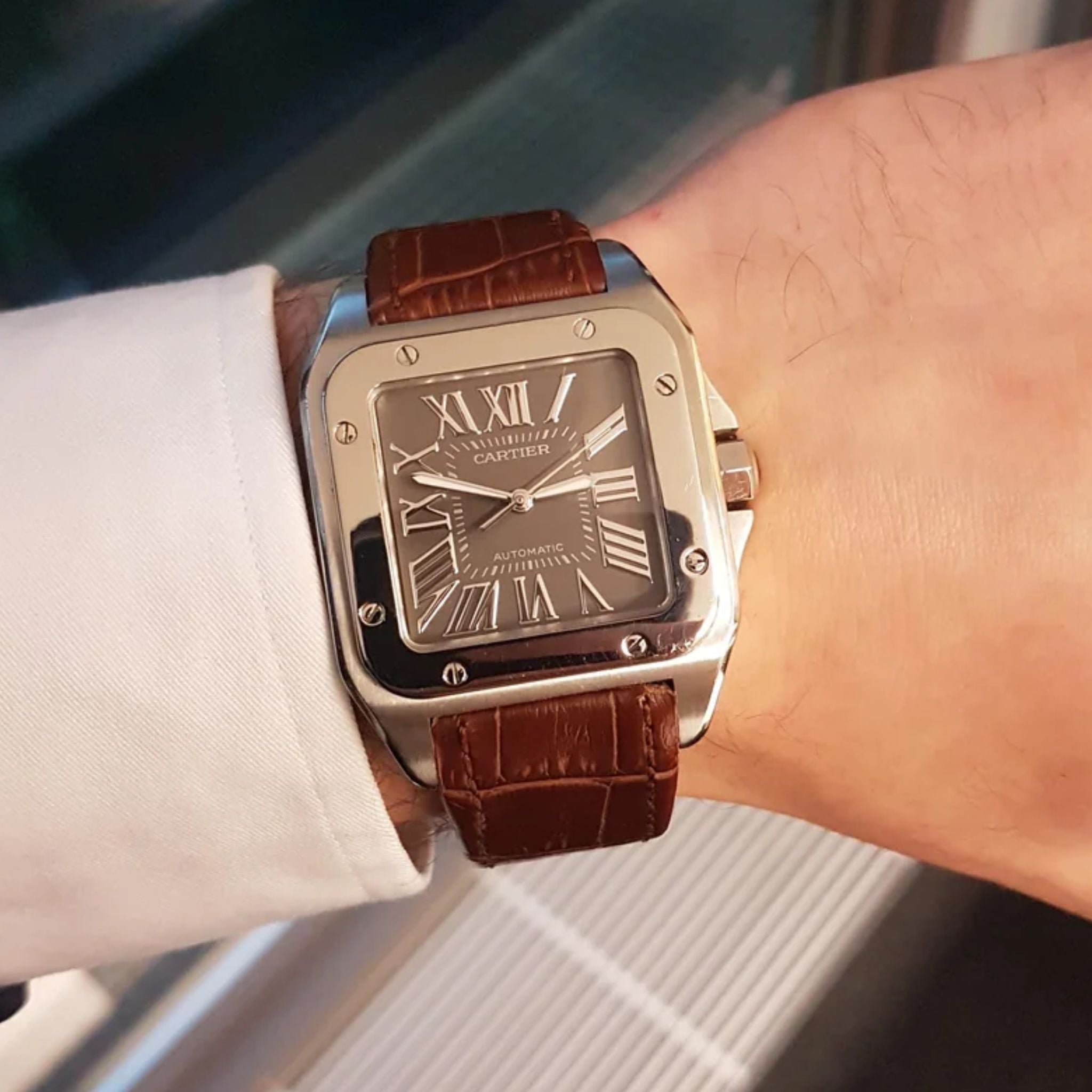 Leather Strap - For Cartier Santos 100 - Brown - Helvetus