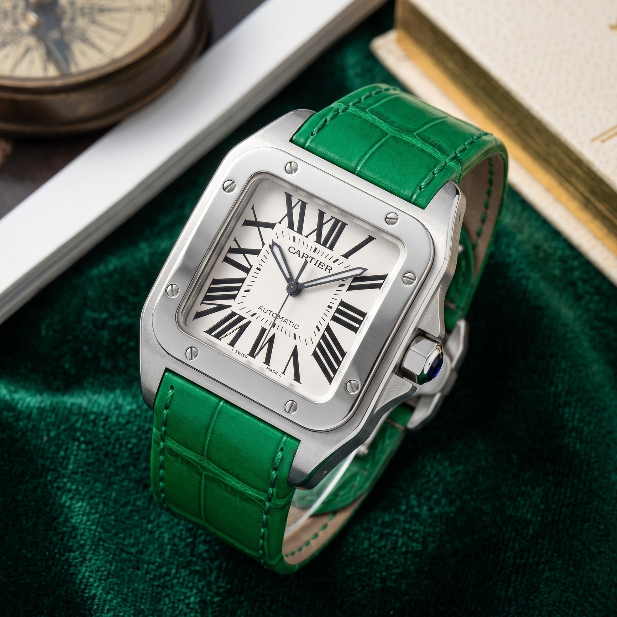 Cartier Santos 100 Leather Strap in Green - Helvetus®