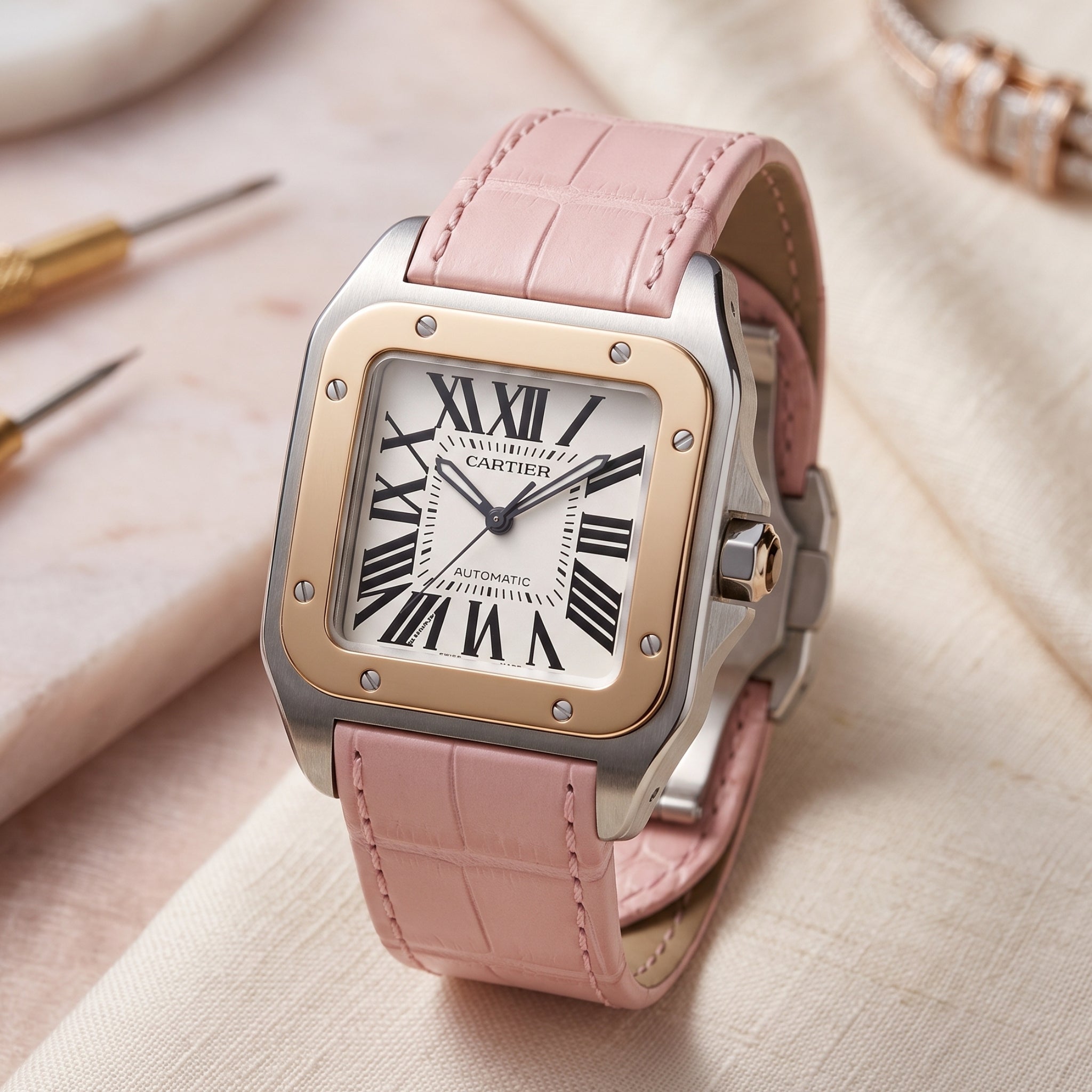 Cartier Santos 100 Leather Strap in Pink - Helvetus®