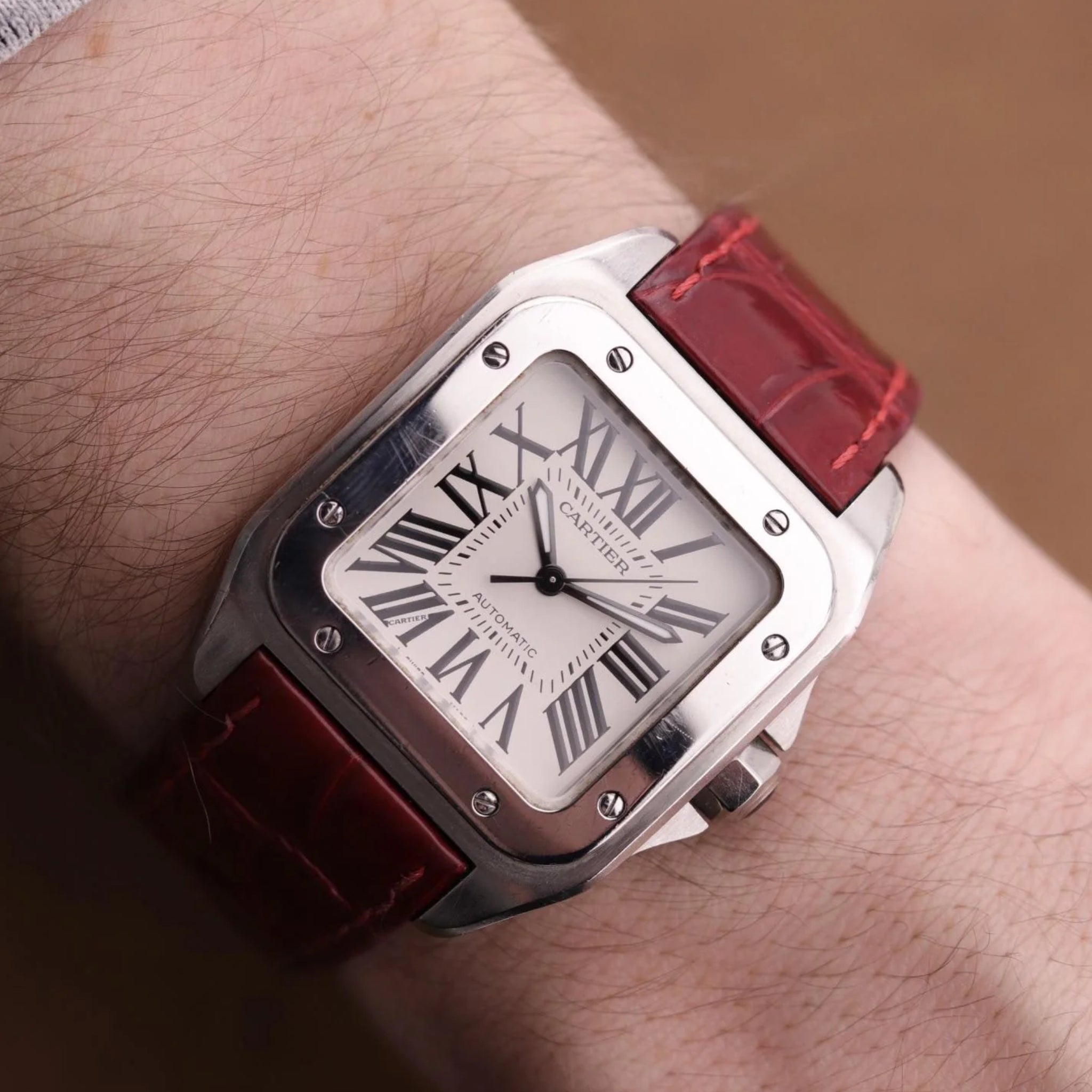 Leather Strap - For Cartier Santos 100 - Red - Helvetus