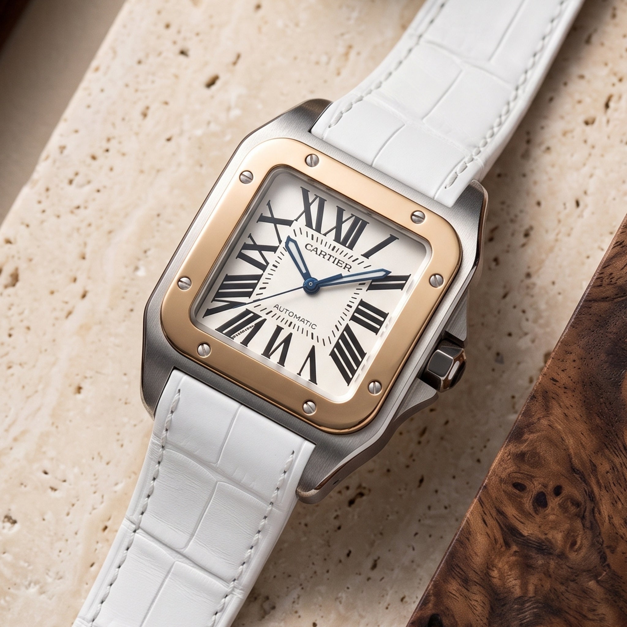 Cartier サントス100 MM レザーベルト Cartier Santos 100 Leather Strap in White - Helvetus®