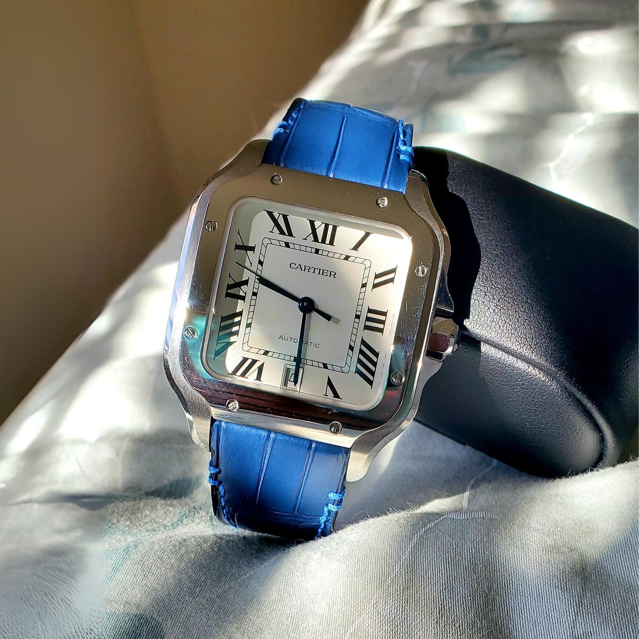 Leather Strap - For Cartier Santos Medium/Large - Blue - Helvetus