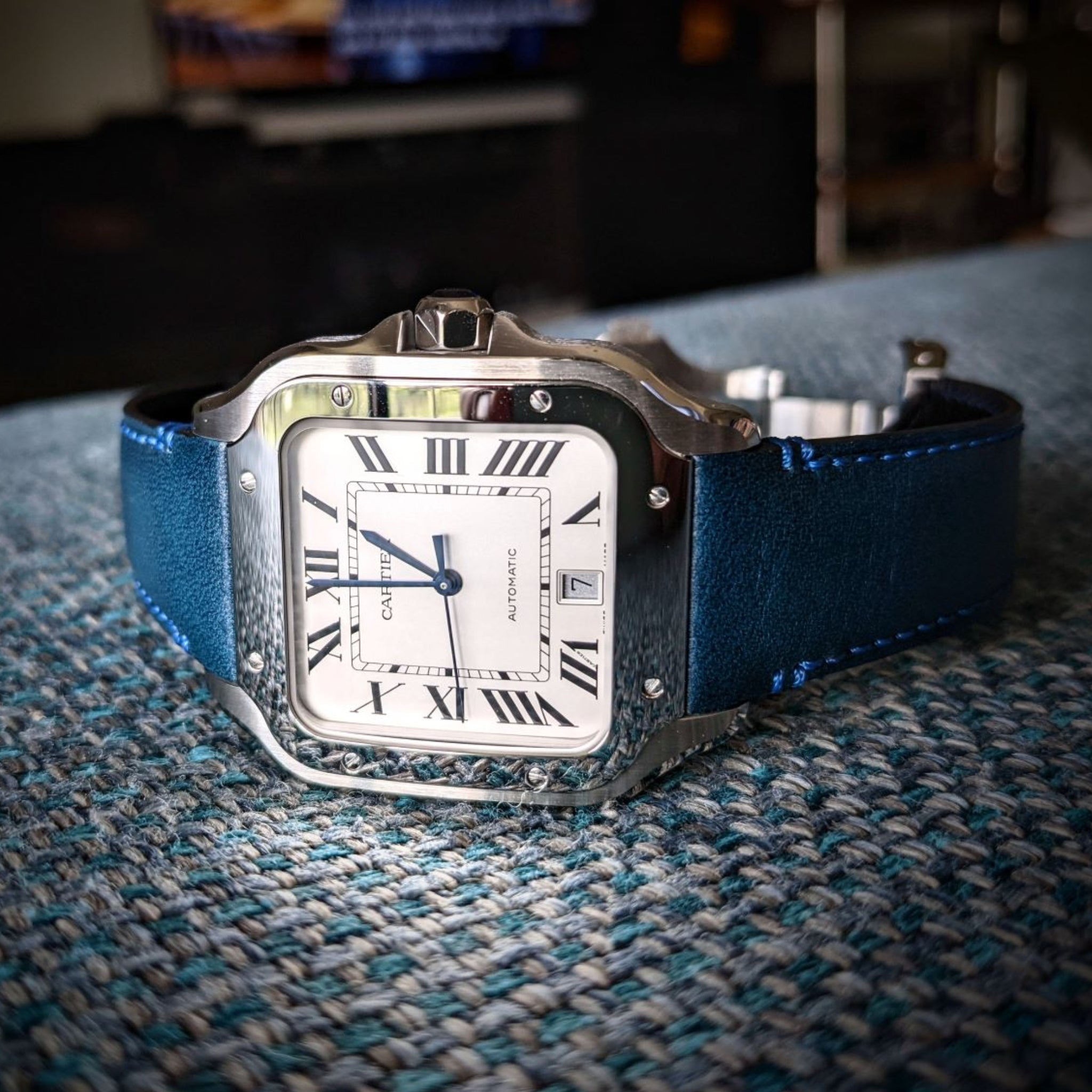 Leather Strap - For Cartier Santos Medium/Large - Flat Blue - Helvetus