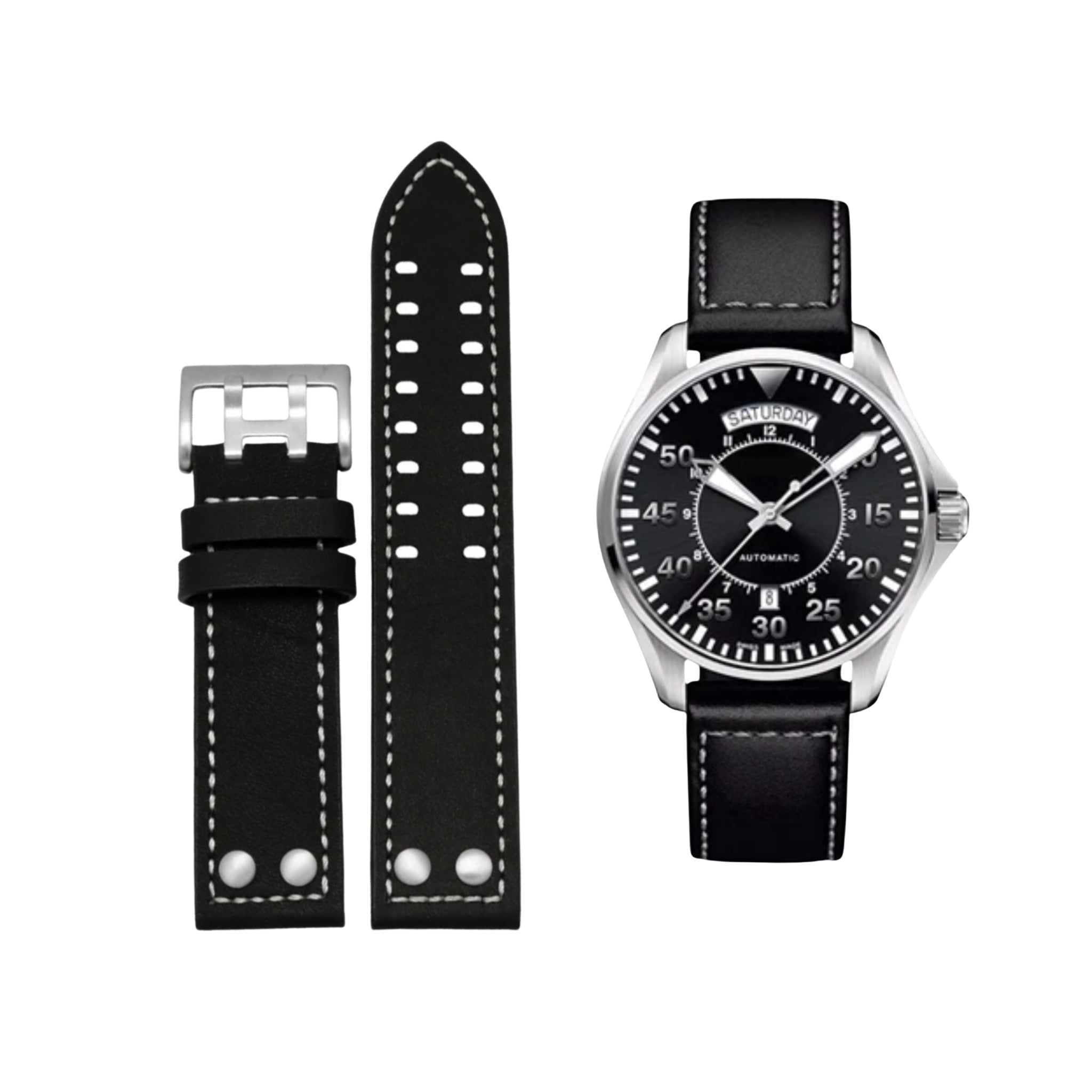 Leather Strap - For Hamilton Khaki Aviation - Black - Helvetus