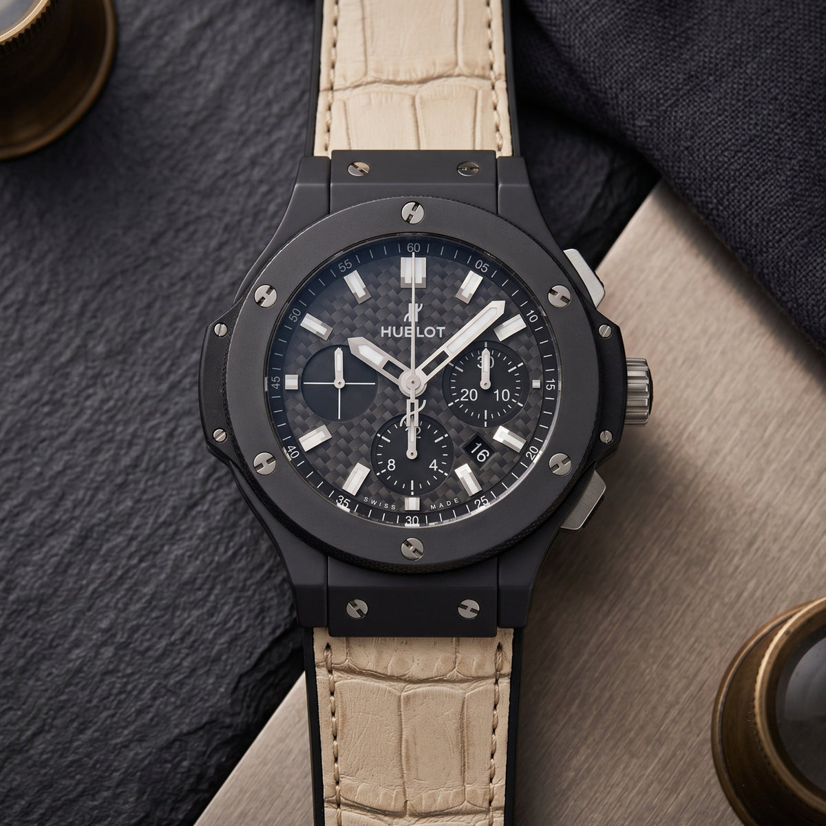 Leather Strap - For Hublot Big Bang 44mm - Beige - Helvetus