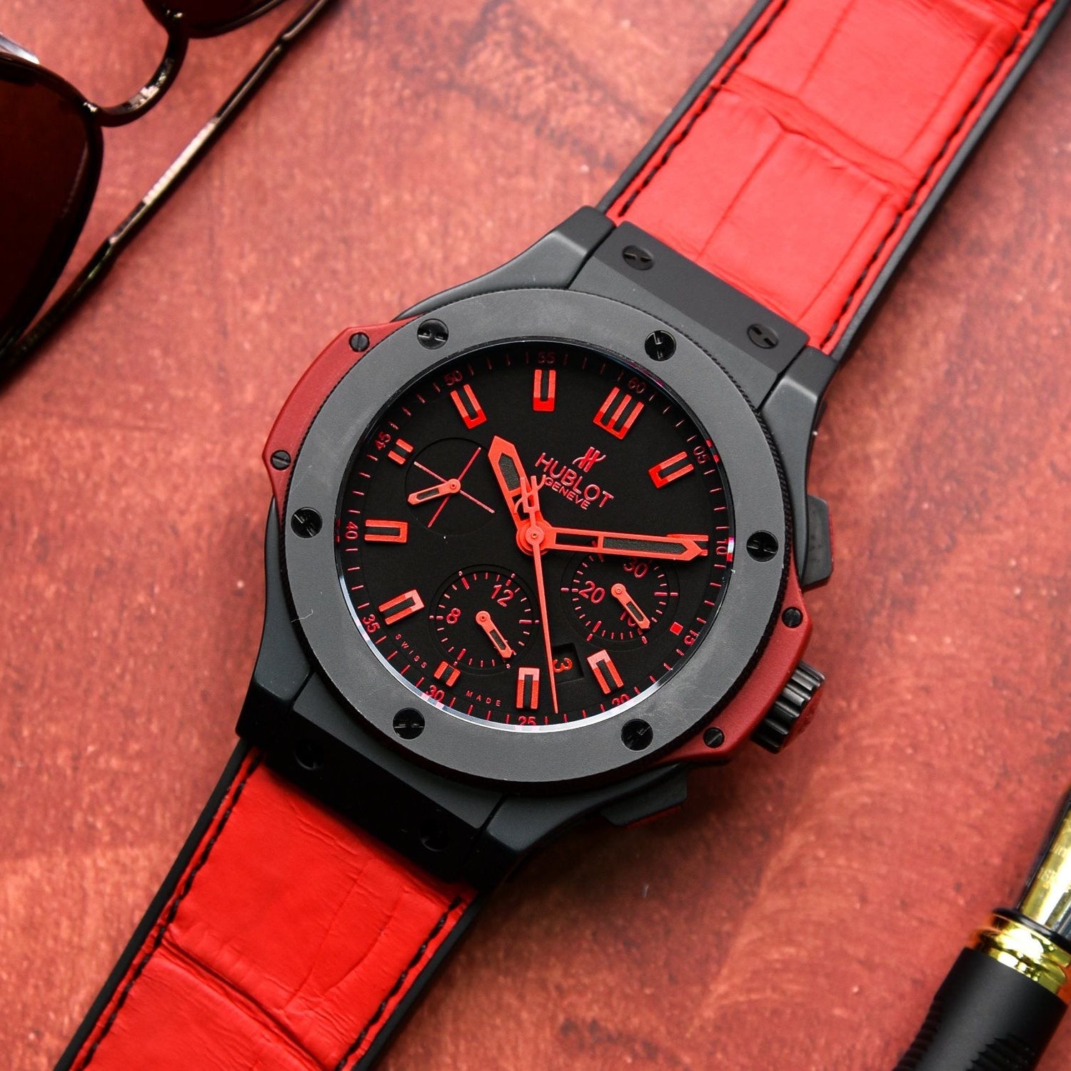 Leather Strap - For Hublot Big Bang 44mm - Red - Helvetus