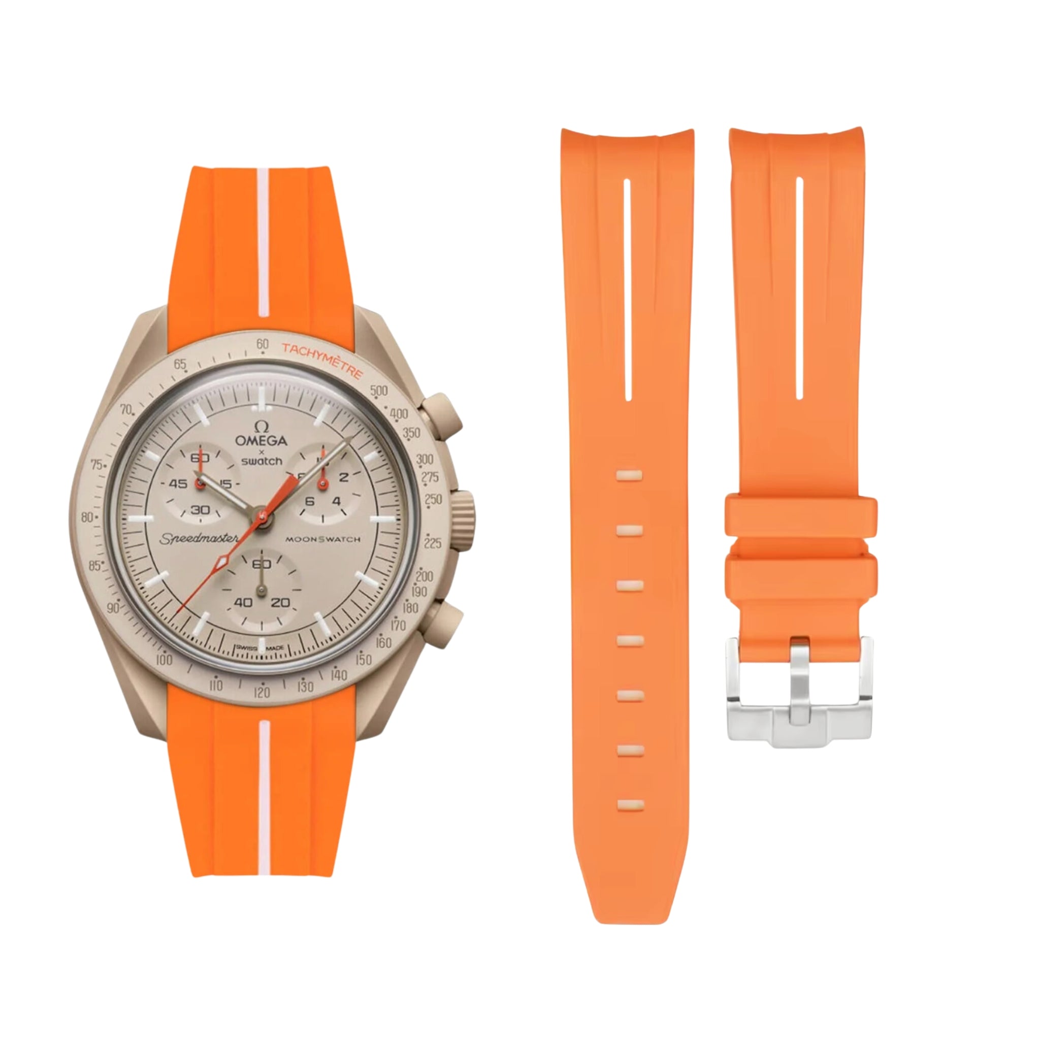 Rubber Strap - For Mission to Jupiter | Omega X Swatch | MoonSwatch - Orange w/White Line - Helvetus