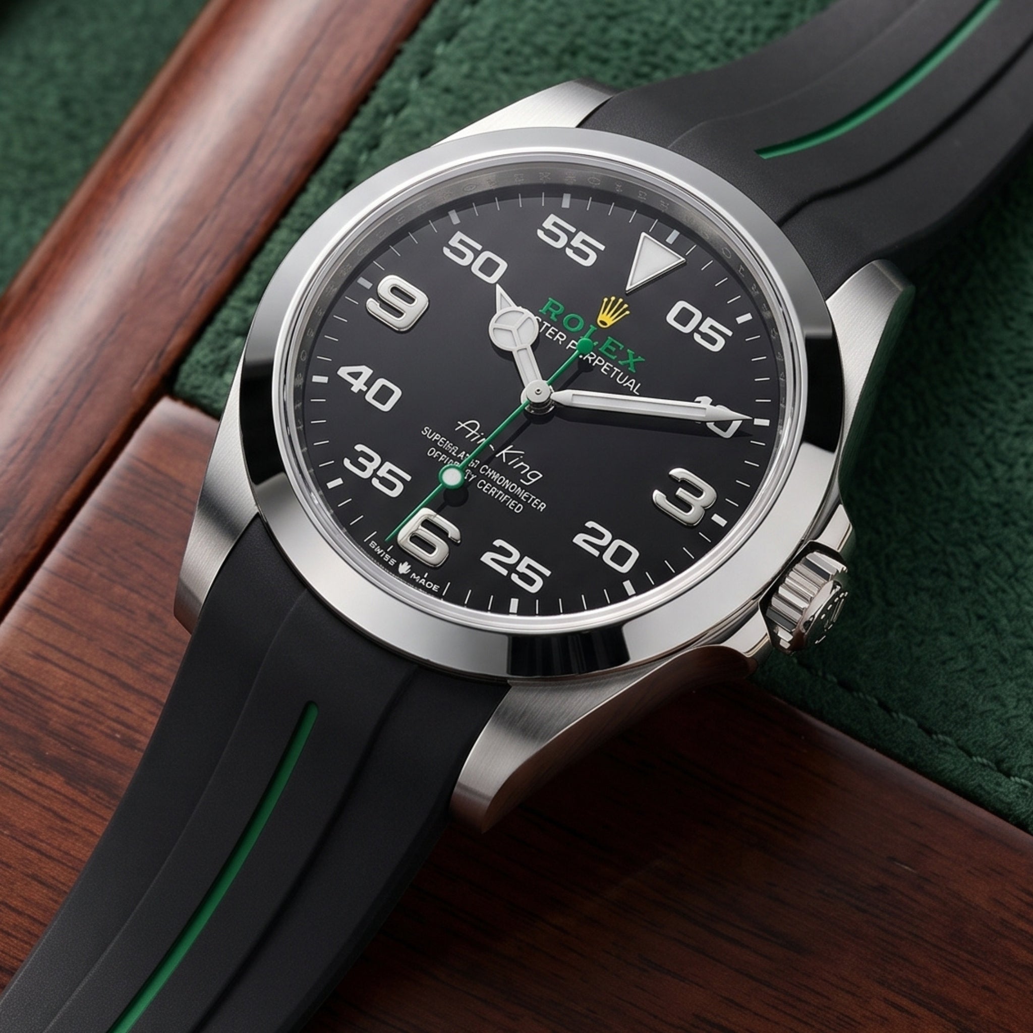 Correa de Caucho con Cierre Desplegable - Para Rolex Air-King 126900/116900 - Negro/Verde | LuxLine®