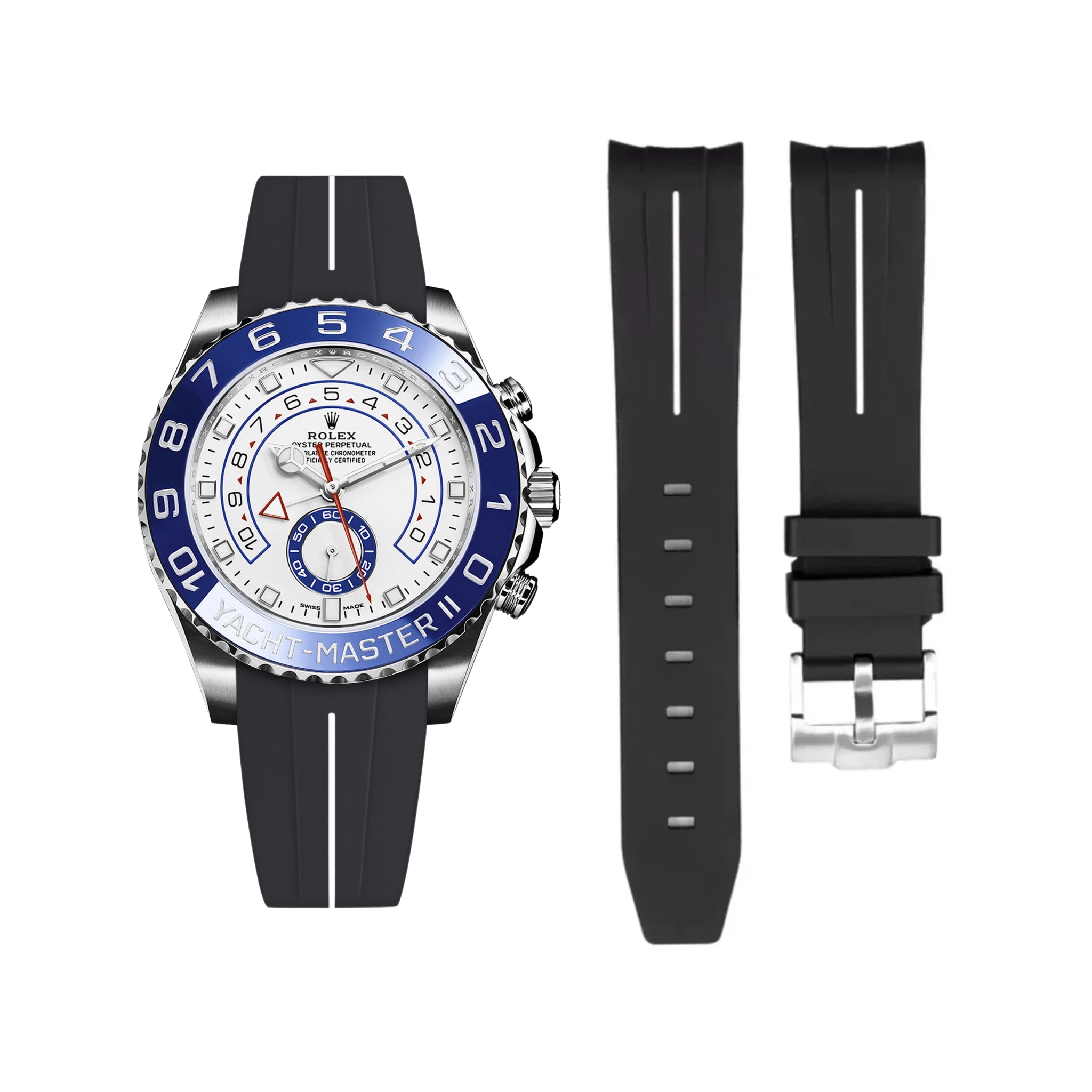 Rubber Strap - For Rolex Yacht-Master II - Black w/White Line | LuxLine®