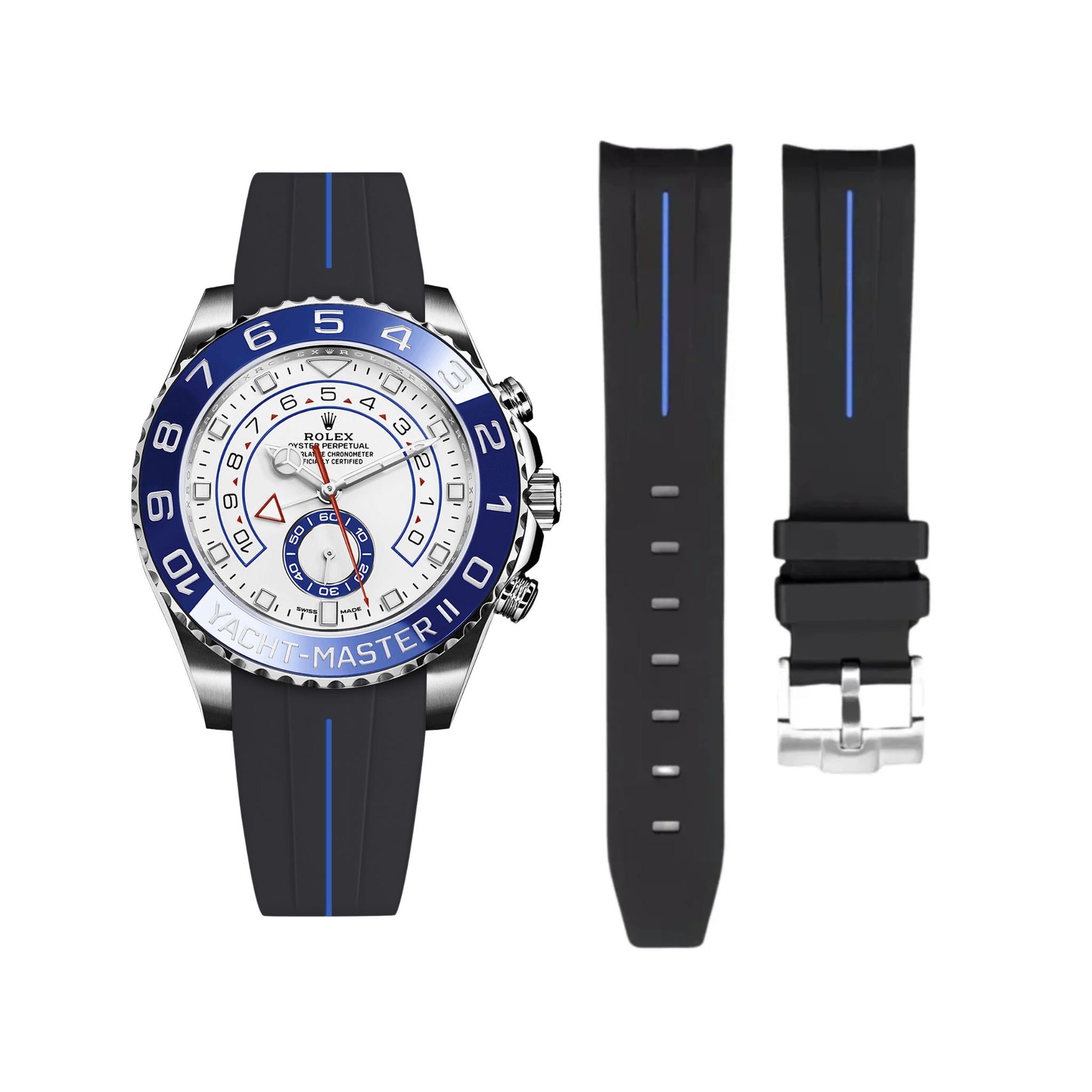 Rubber Strap - For Rolex Yacht-Master II - Black w/Blue Line | LuxLine®