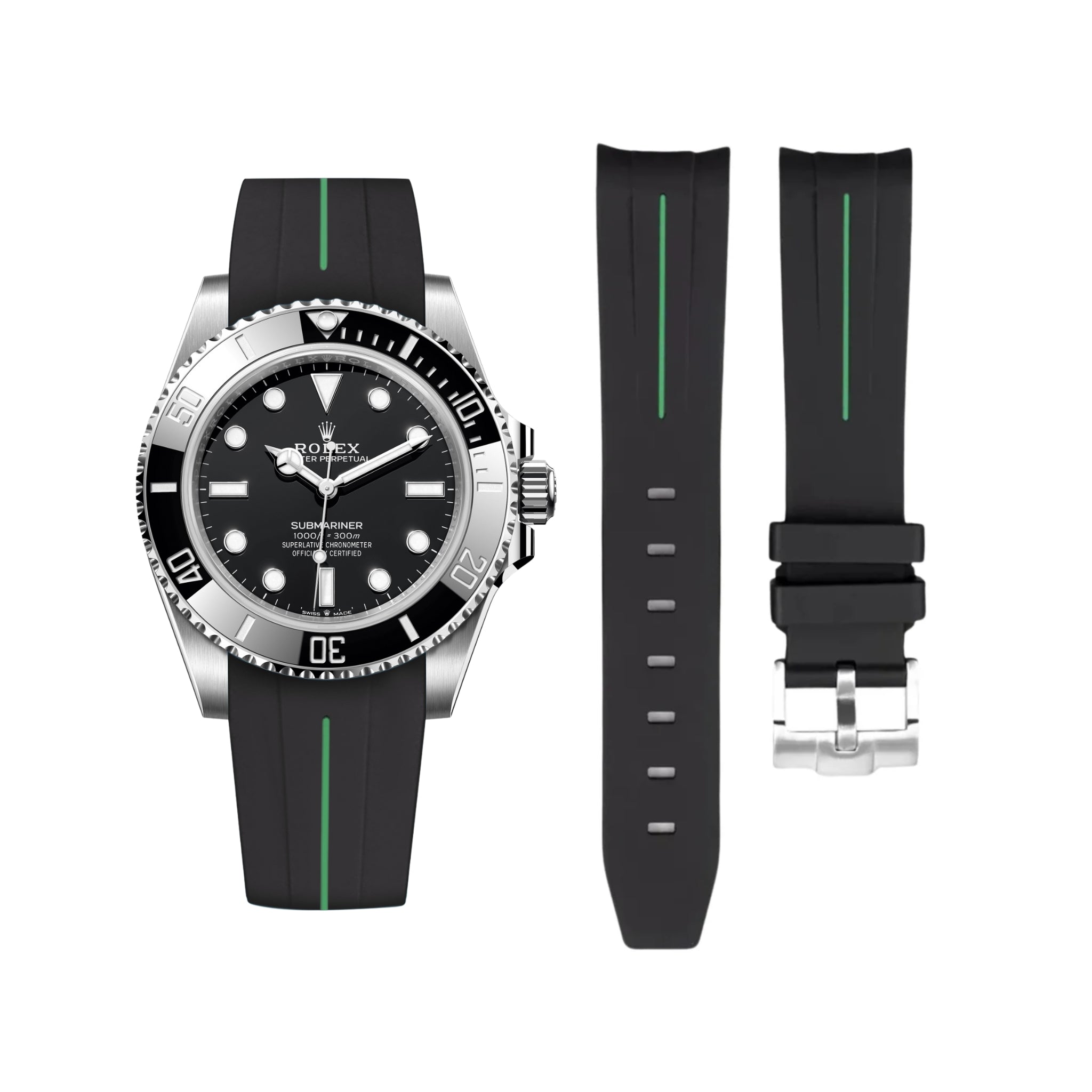 Rubber Strap - For Rolex Submariner - Black w/Green Line | LuxLine®