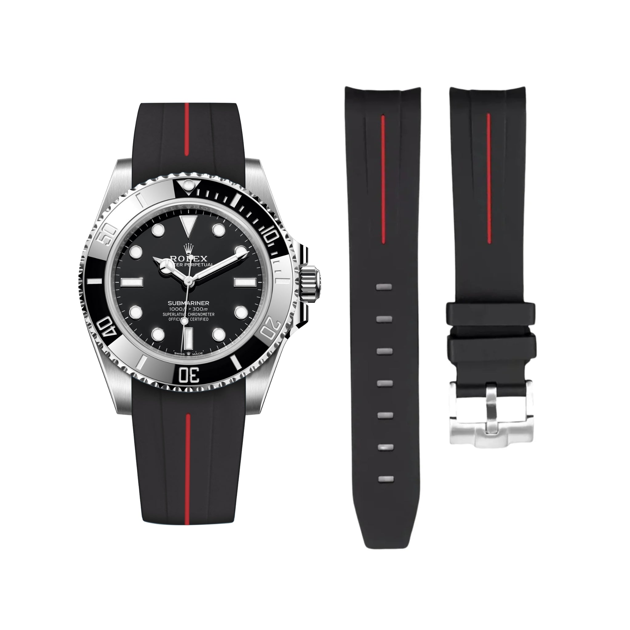 Rubber Strap - For Rolex Submariner - Black w/Red Line | LuxLine®